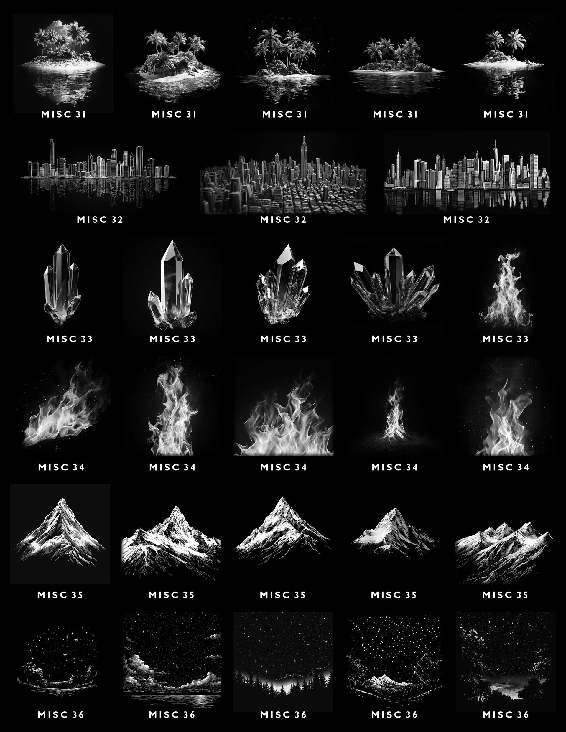 A grid of 30 black-and-white icons featuring islands, city skylines, crystals, flames, mountains, and star-filled landscapes.