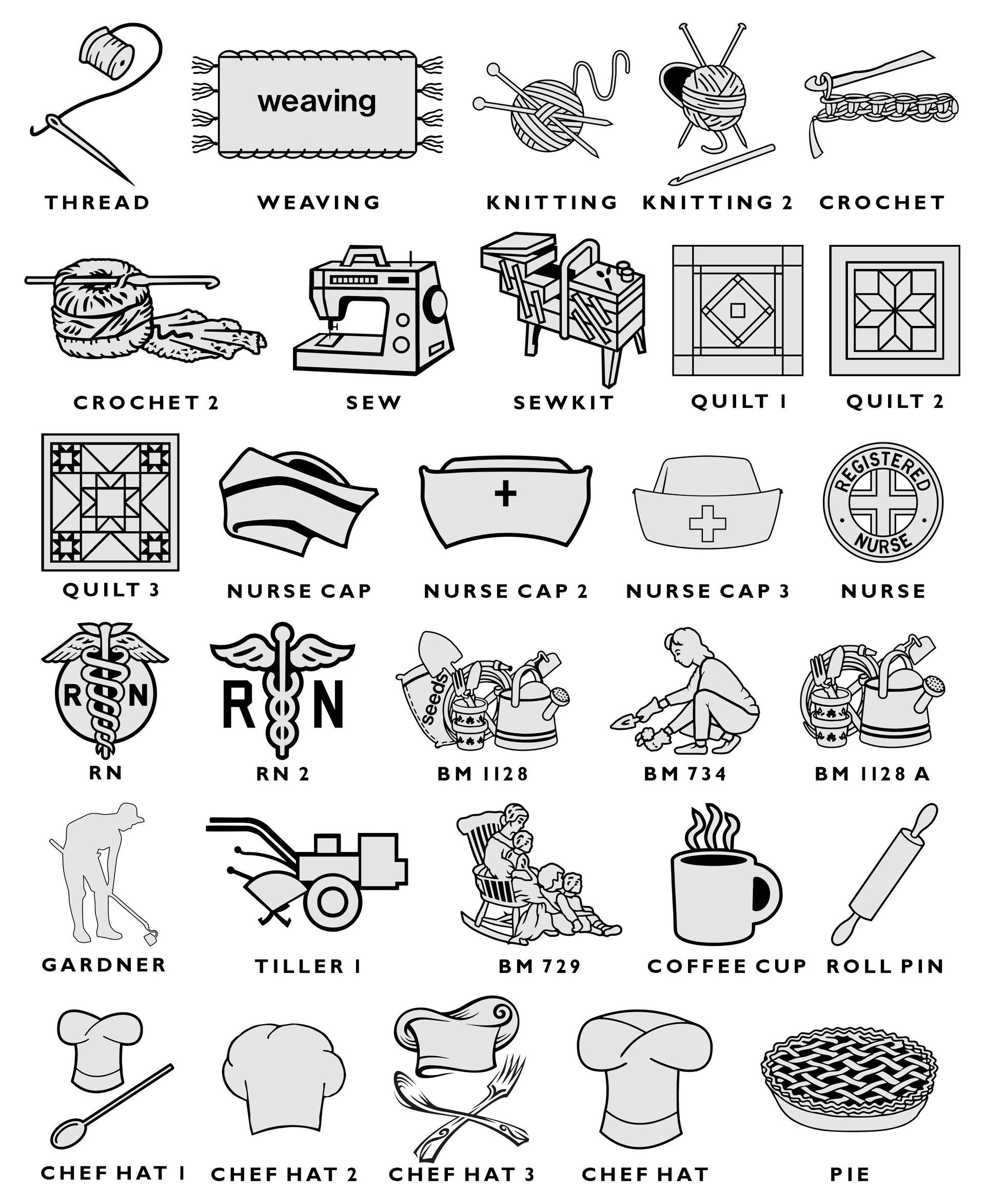 A grid of 20 black-and-white icons representing various crafts, tools, and professions, each with a text label below.