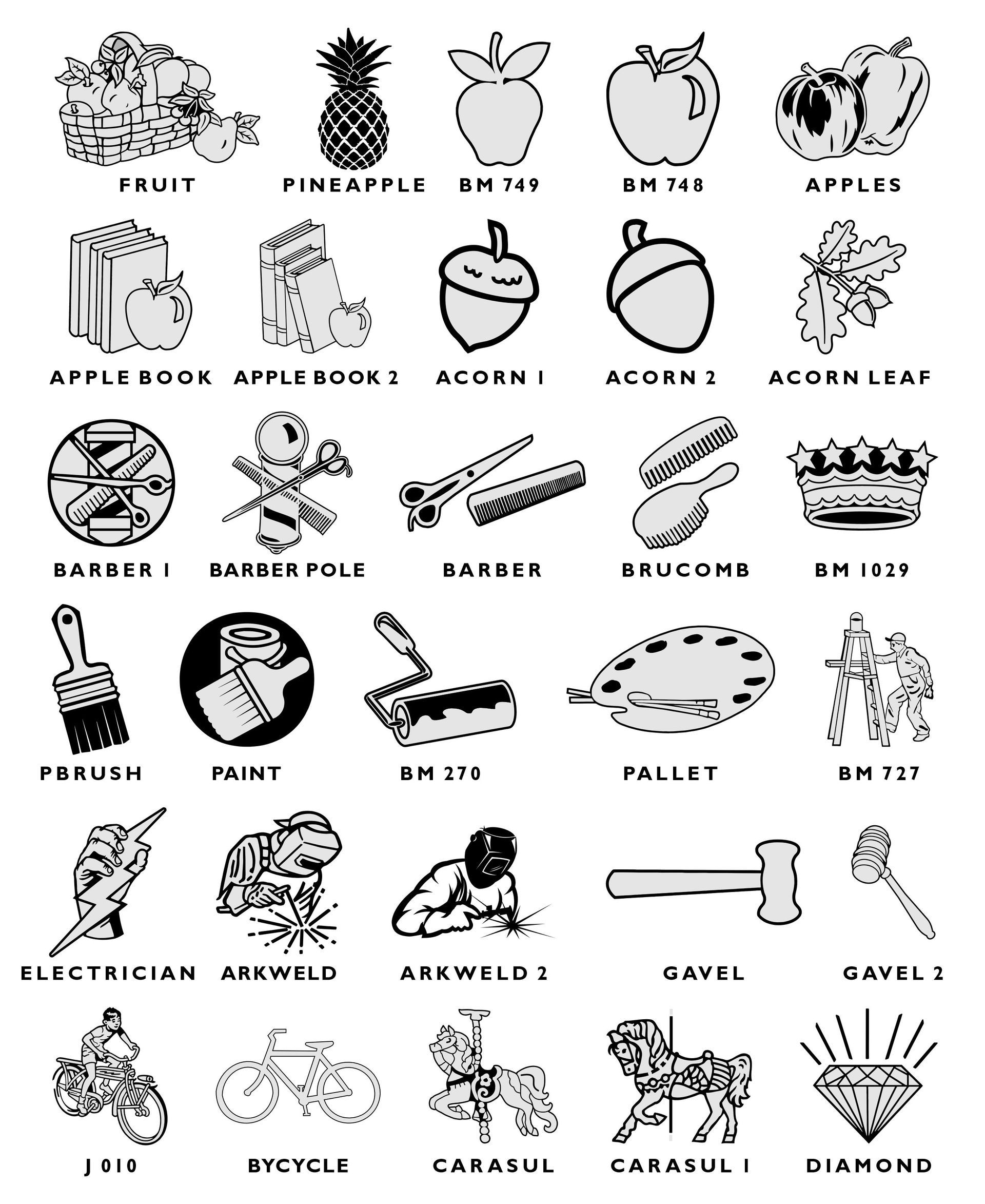 A grid of 20 icons depicting various items including fruit, school supplies, nature elements, and art tools with labels.