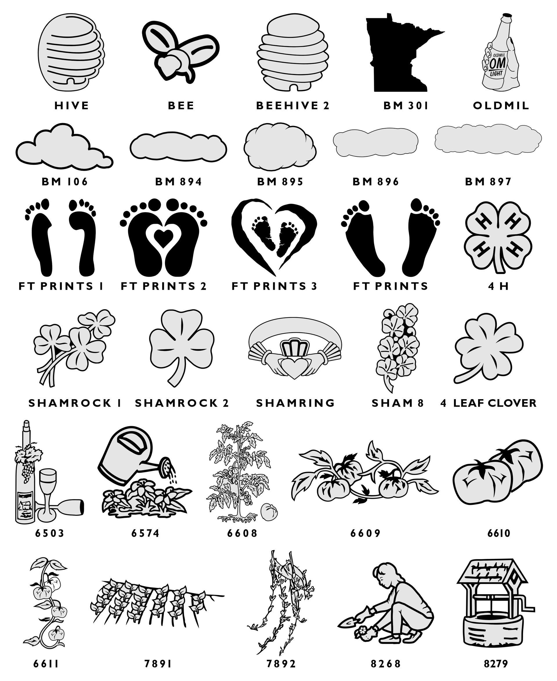 A grid of 20 black-and-white icons illustrating culinary, gardening, barbering, and labor-related tools and professions.