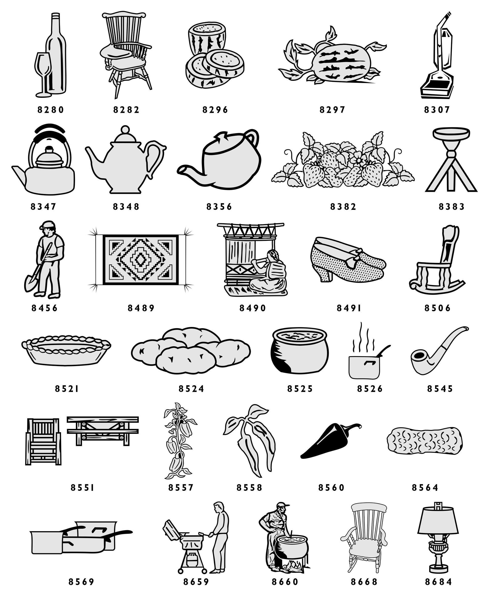 A grid of graphic icons including bees, footprints, clouds, clovers, and shamrocks, each labeled with a style name.
