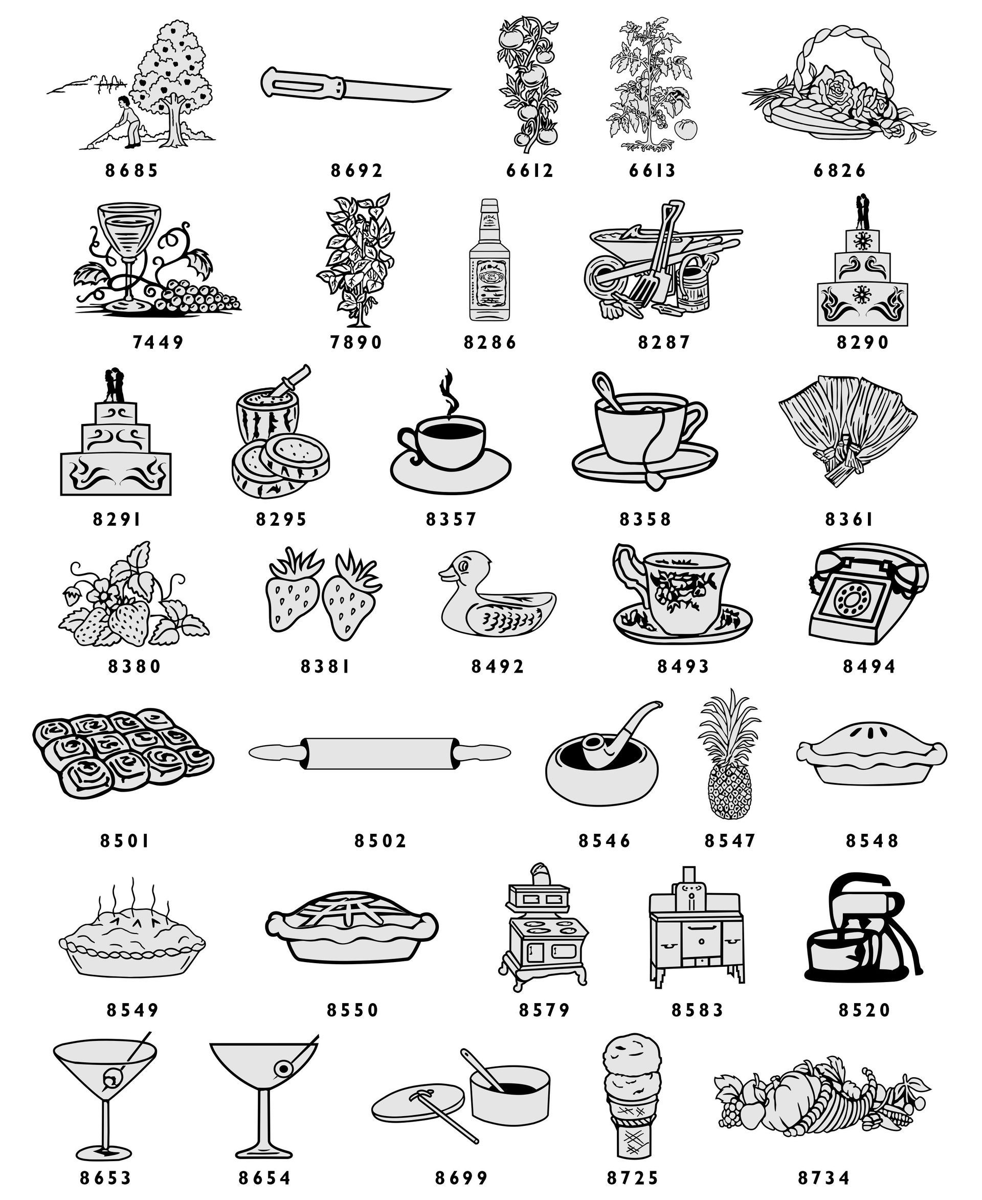 A grid of miscellaneous black-and-white line art icons, including household items, plants, and people.