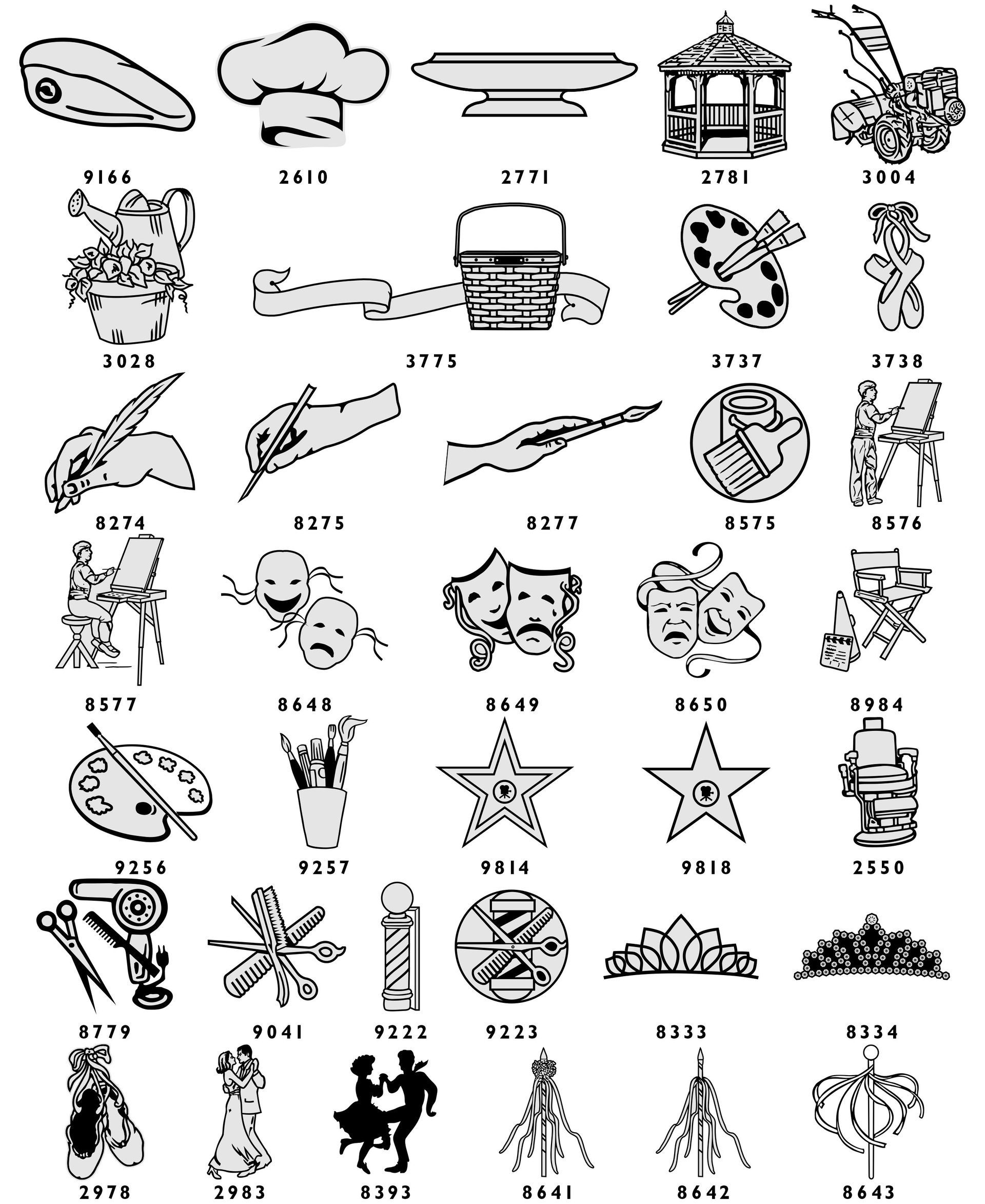 A grid of various small black-and-white icon sketches depicting diverse figures, scenes, and motifs for monument designs.