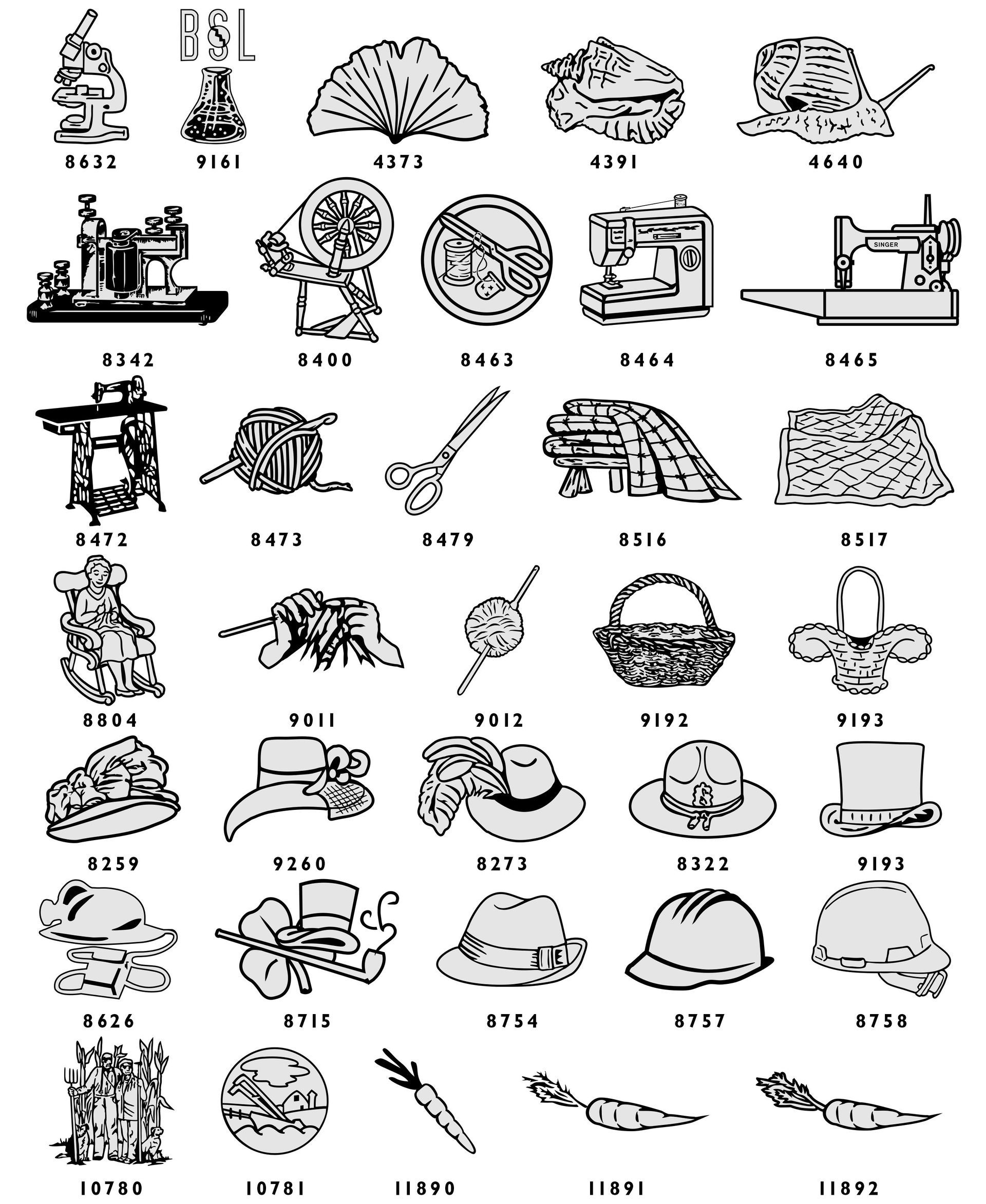 A grid of small, monochrome illustrations depicting various figures, scenes, and items, each labeled with a numeric code.