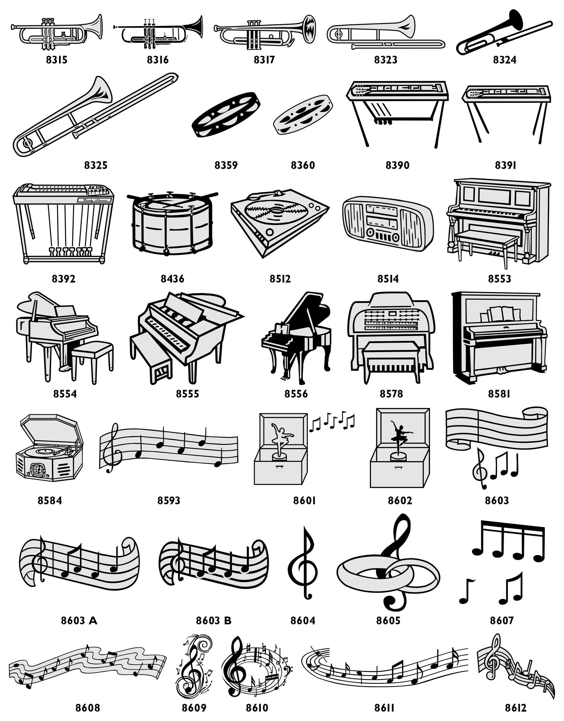 A grid of various musical instruments including woodwinds, brass, percussion, and string instruments, labeled by name.