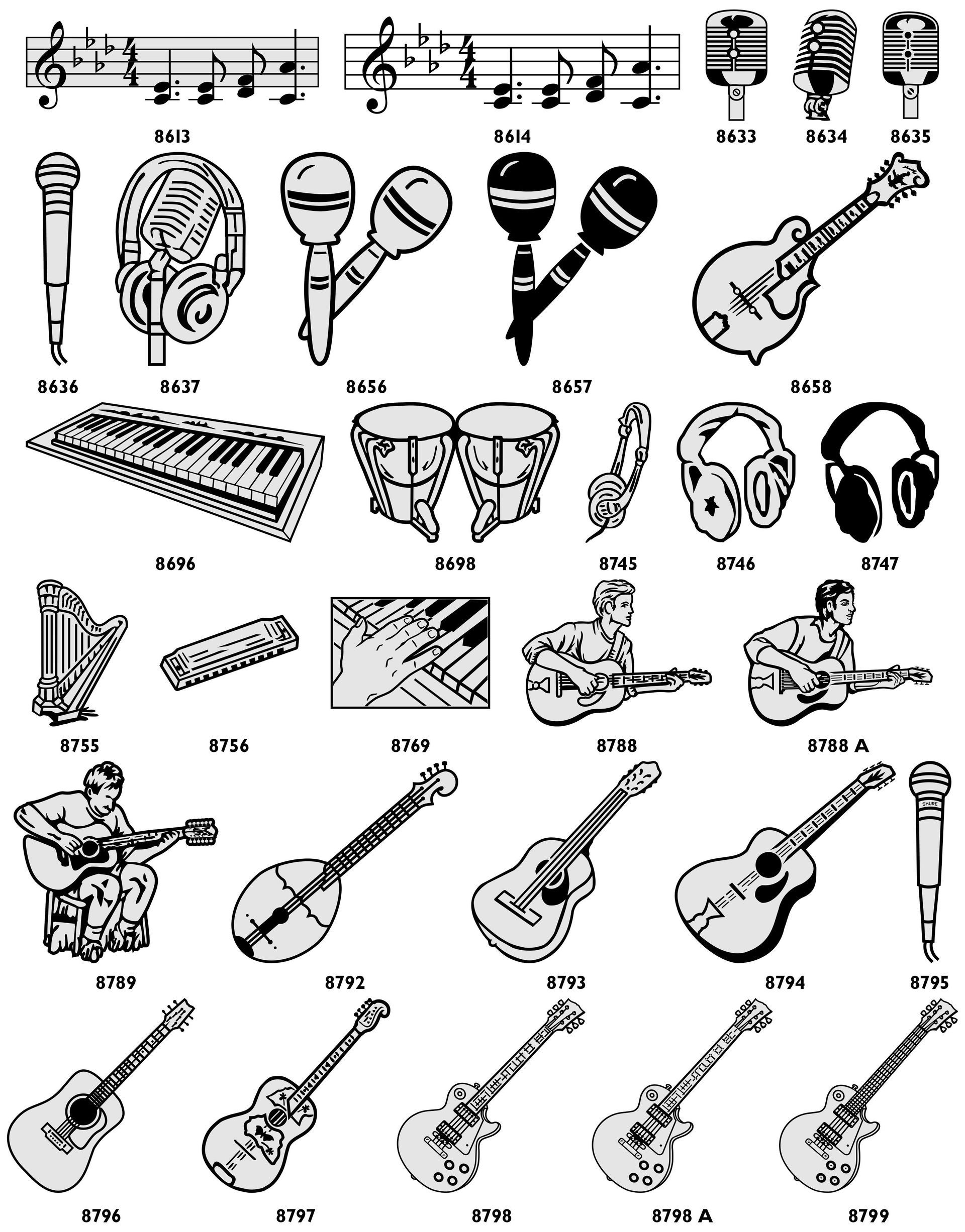 A grid of 40 black-and-white icons featuring musical instruments, equipment, and musical notation symbols.