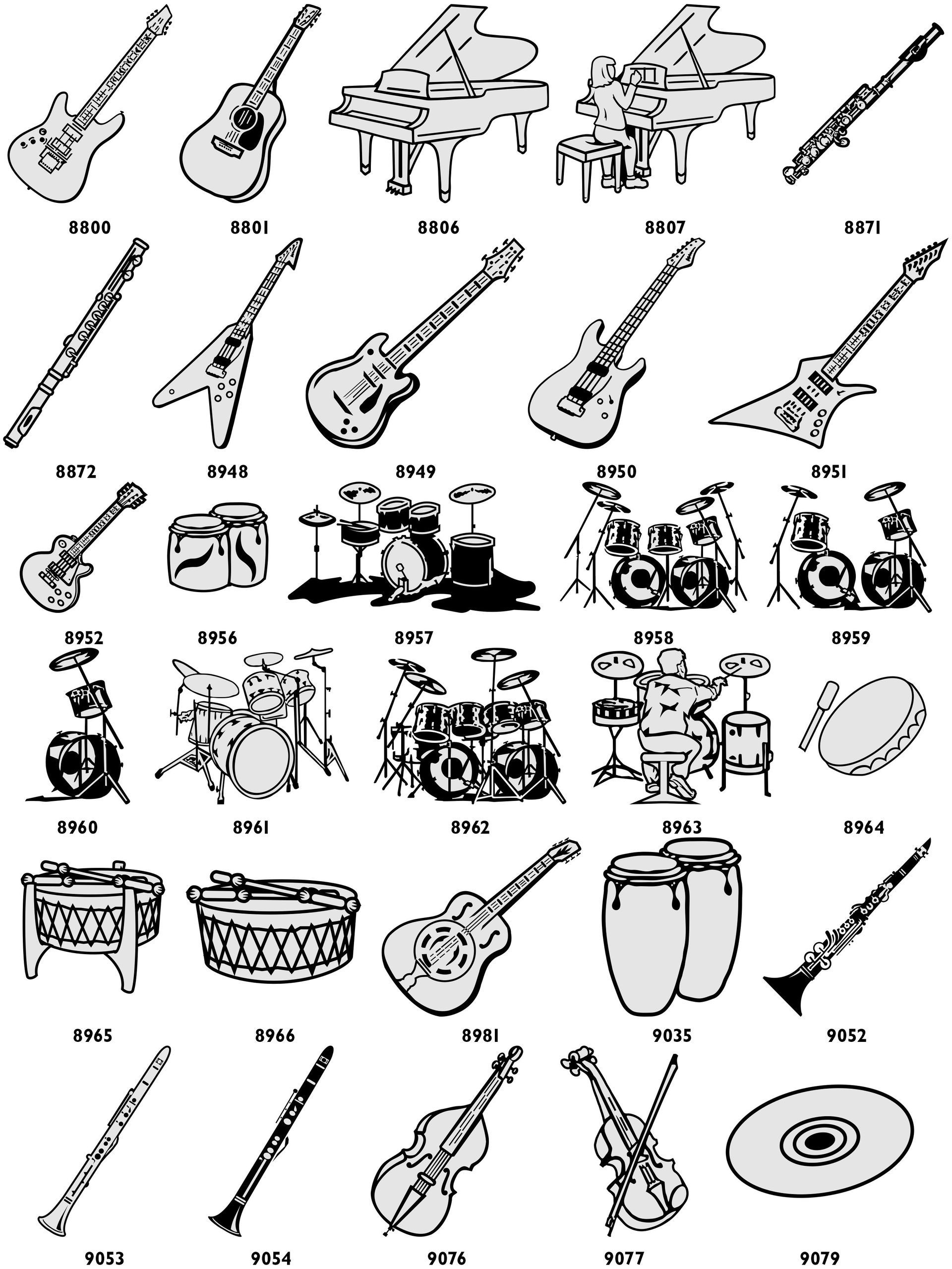 A grid of various musical instruments including guitars, drums, woodwinds, and string instruments labeled with codes.