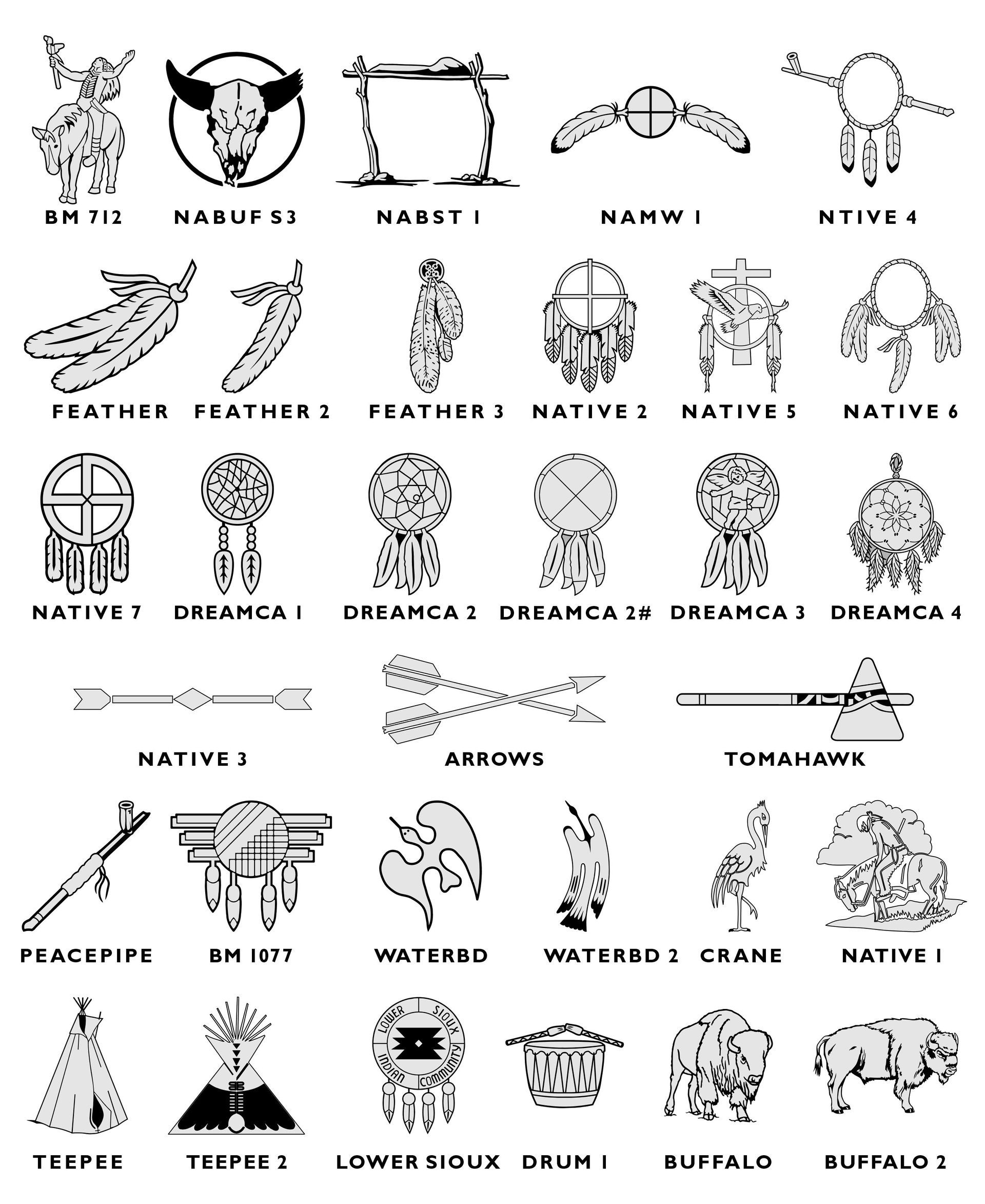 A grid of small, black-and-white icons depicting Native American-themed symbols like dreamcatchers, feathers, and animals.