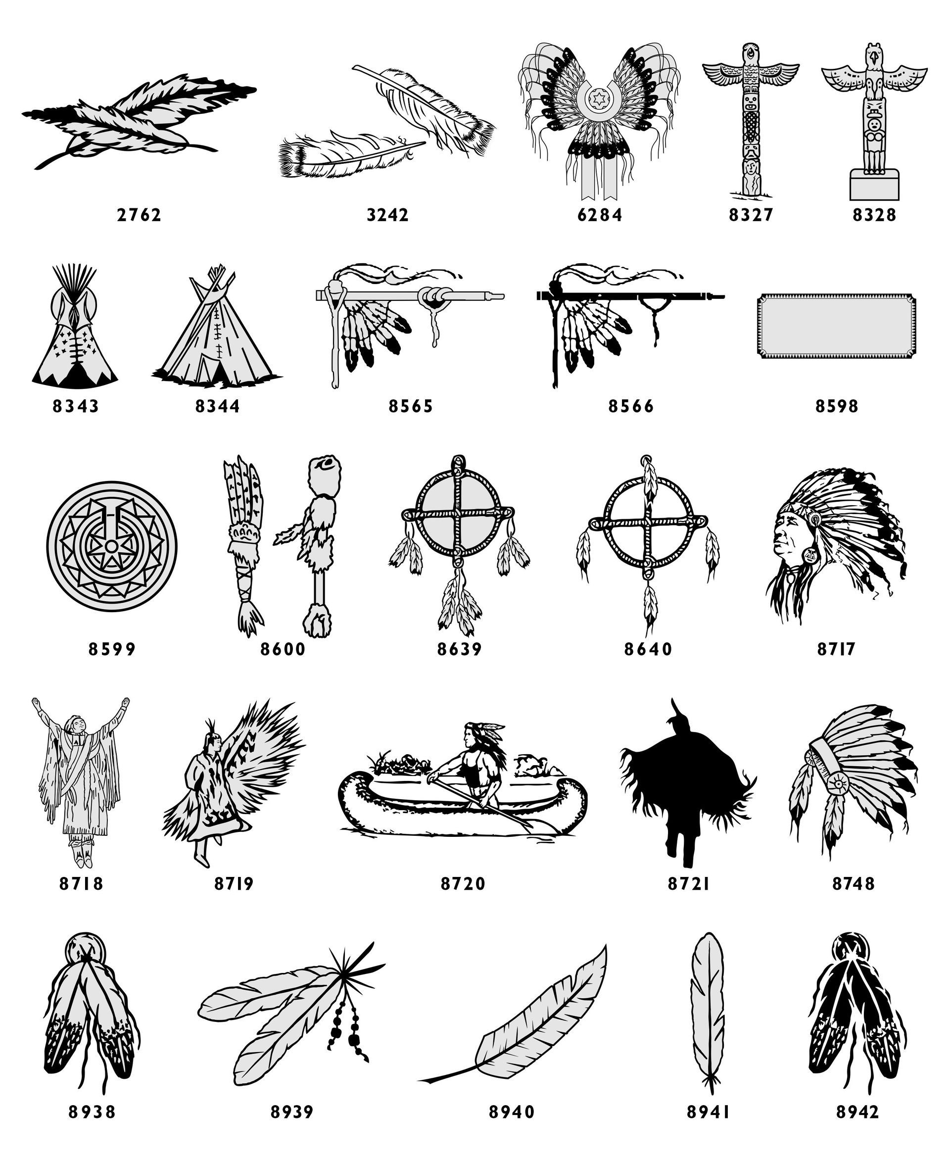 A grid of 25 black and white line-art symbols representing Native American cultural motifs, each labeled with a number.