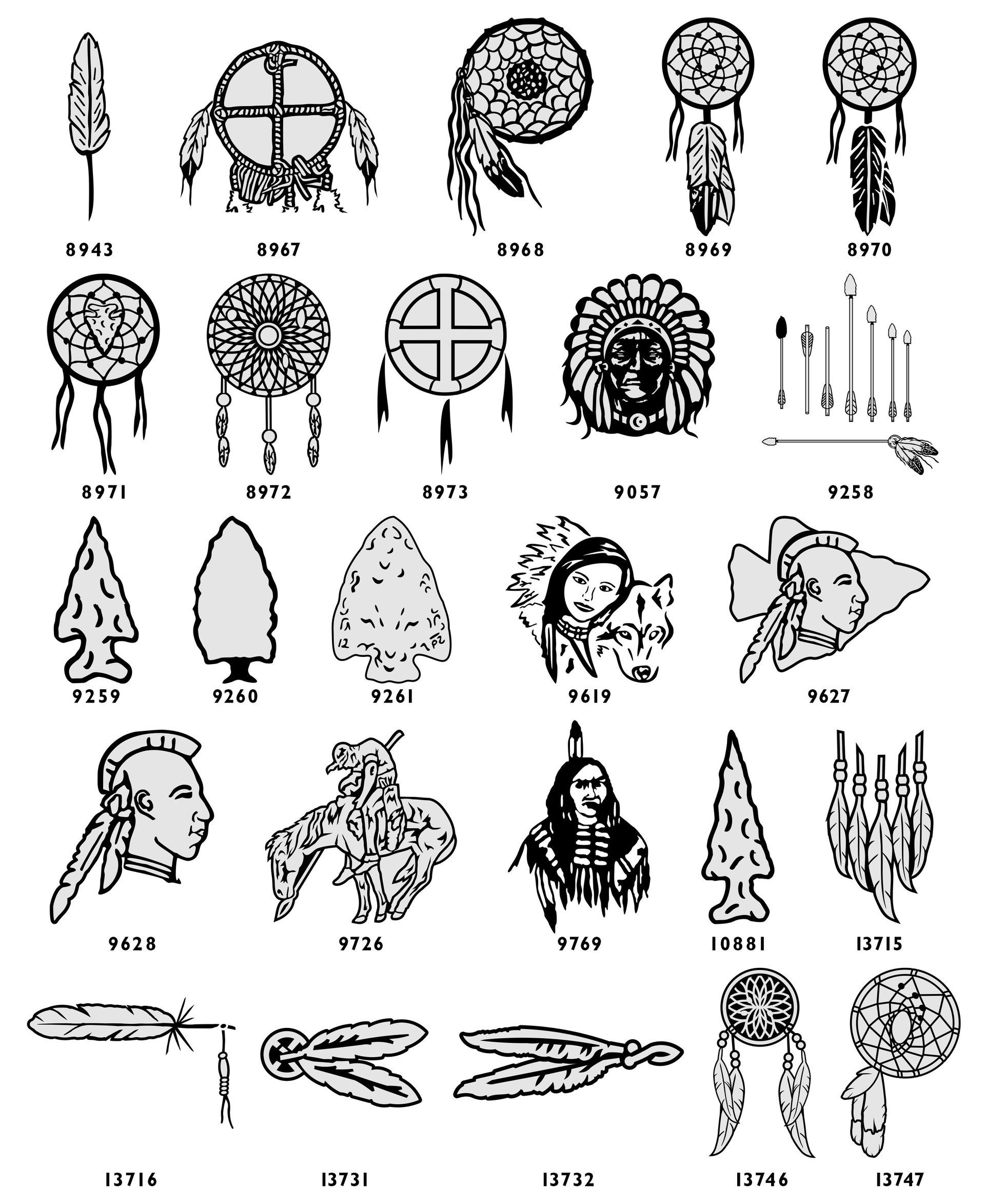 A grid of black-and-white line art icons featuring feathers, dreamcatchers, arrowheads, and Native American-themed designs.