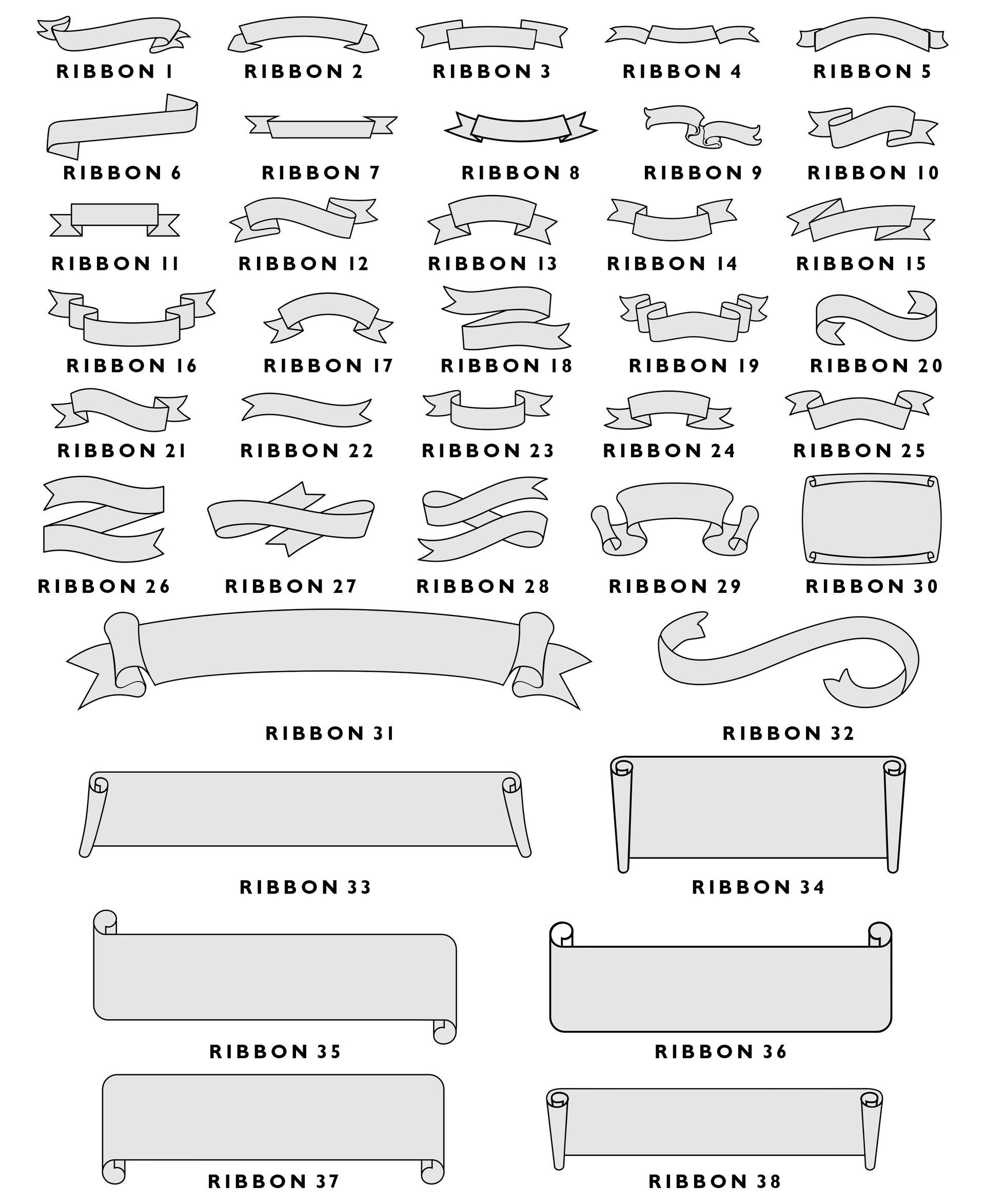 A collection of thirty-six various black and white ribbon and banner designs arranged in a grid.