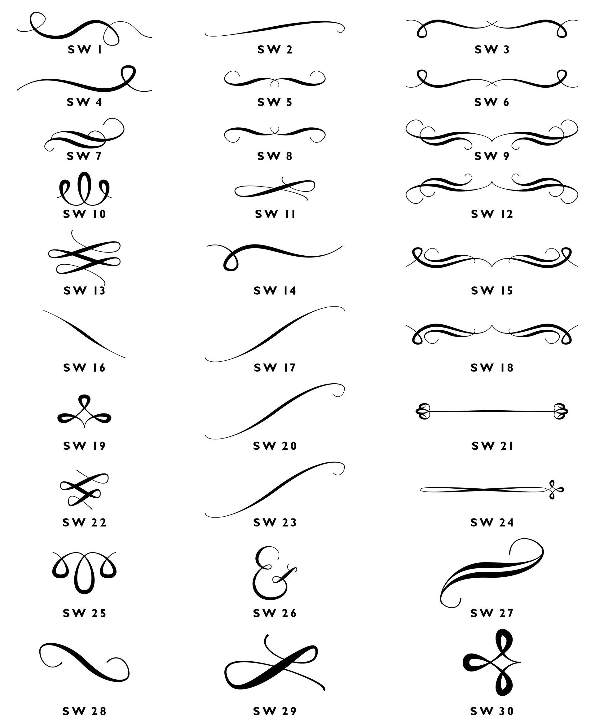 A grid of 30 various decorative typographical flourishes, dividers, and scrollwork designs labeled SV 1 through SV 30.