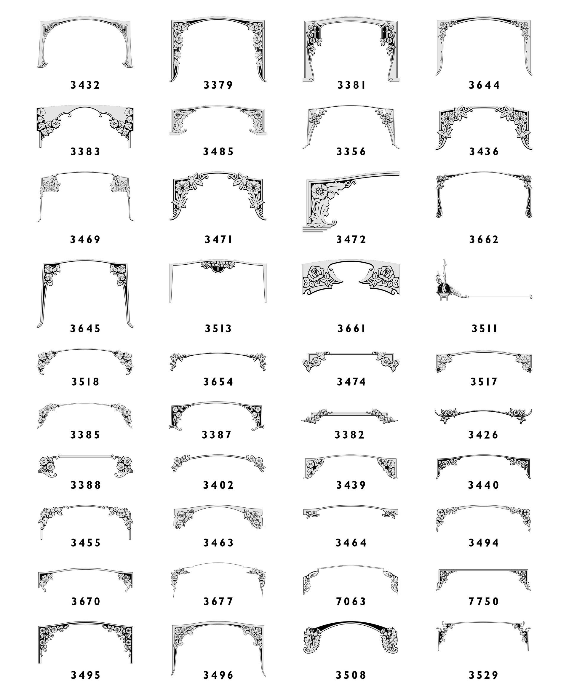 A reference grid of various ornate header and corner border designs for stationery or graphic layout projects.