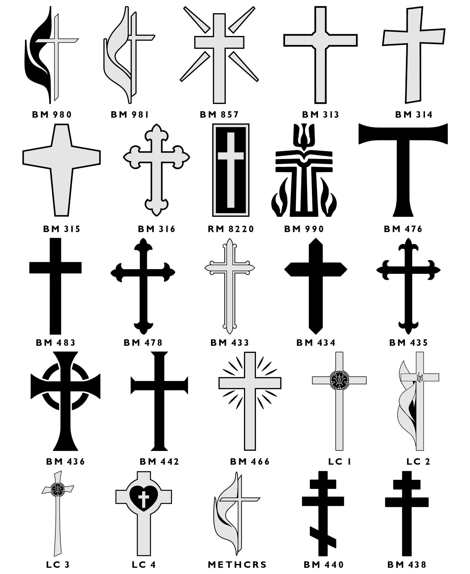 A grid of various black and white Christian cross designs and symbols, labeled with reference codes for engraving options.
