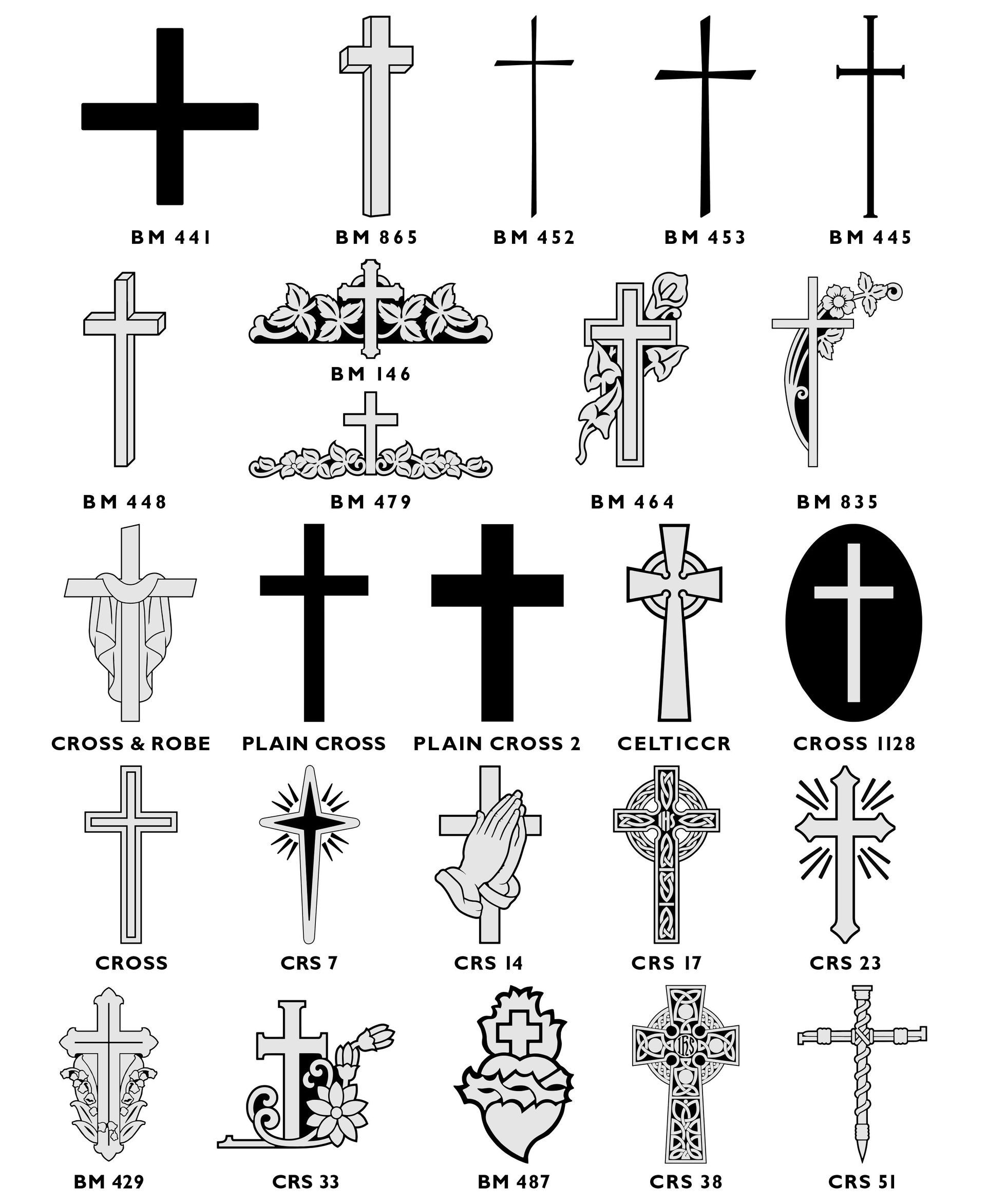 A grid of thirty-five distinct black and white line-art illustrations of Christian crosses in various decorative styles.