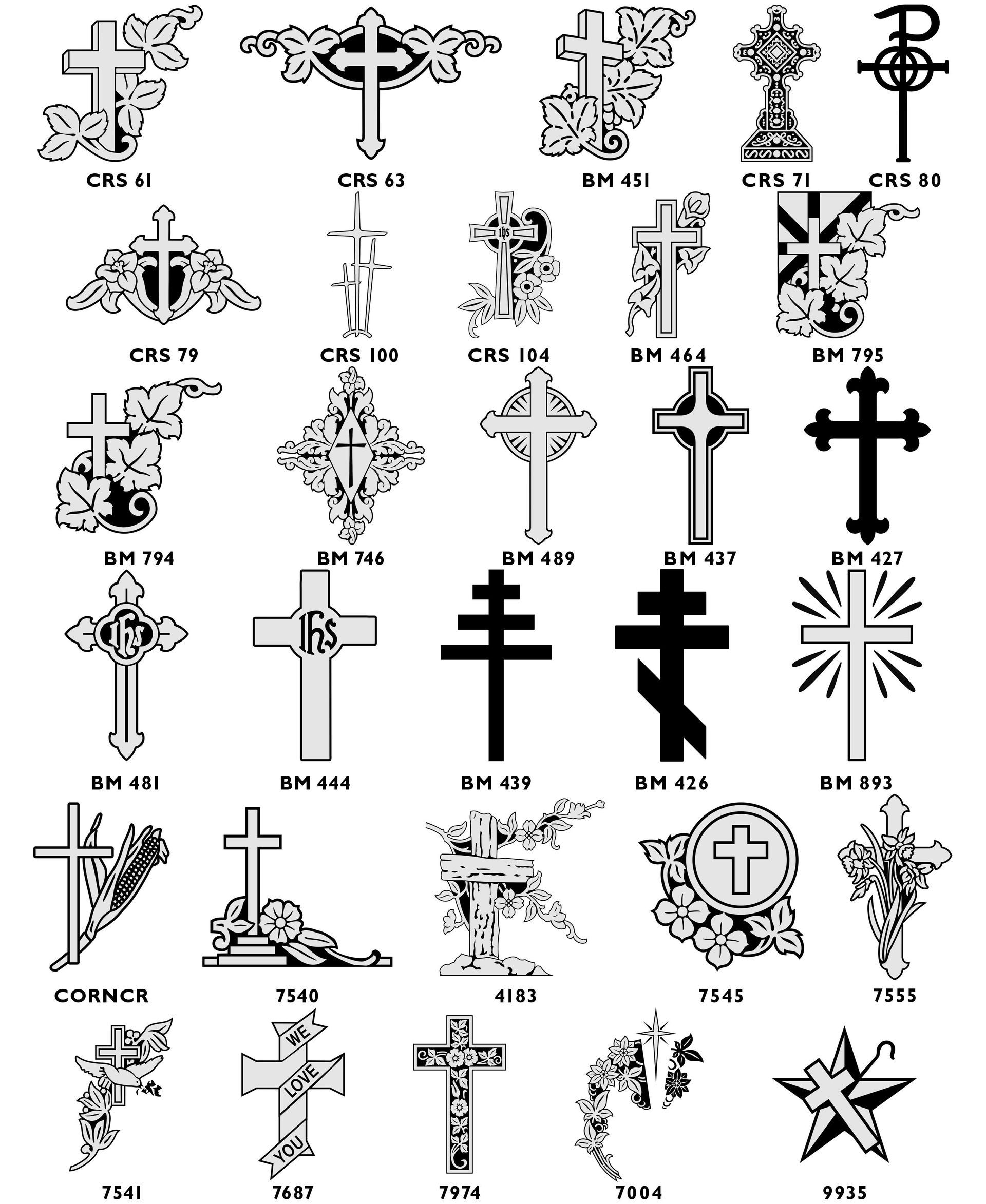 Ten different designs of Christian crosses displayed in two rows, each labeled with a reference number.