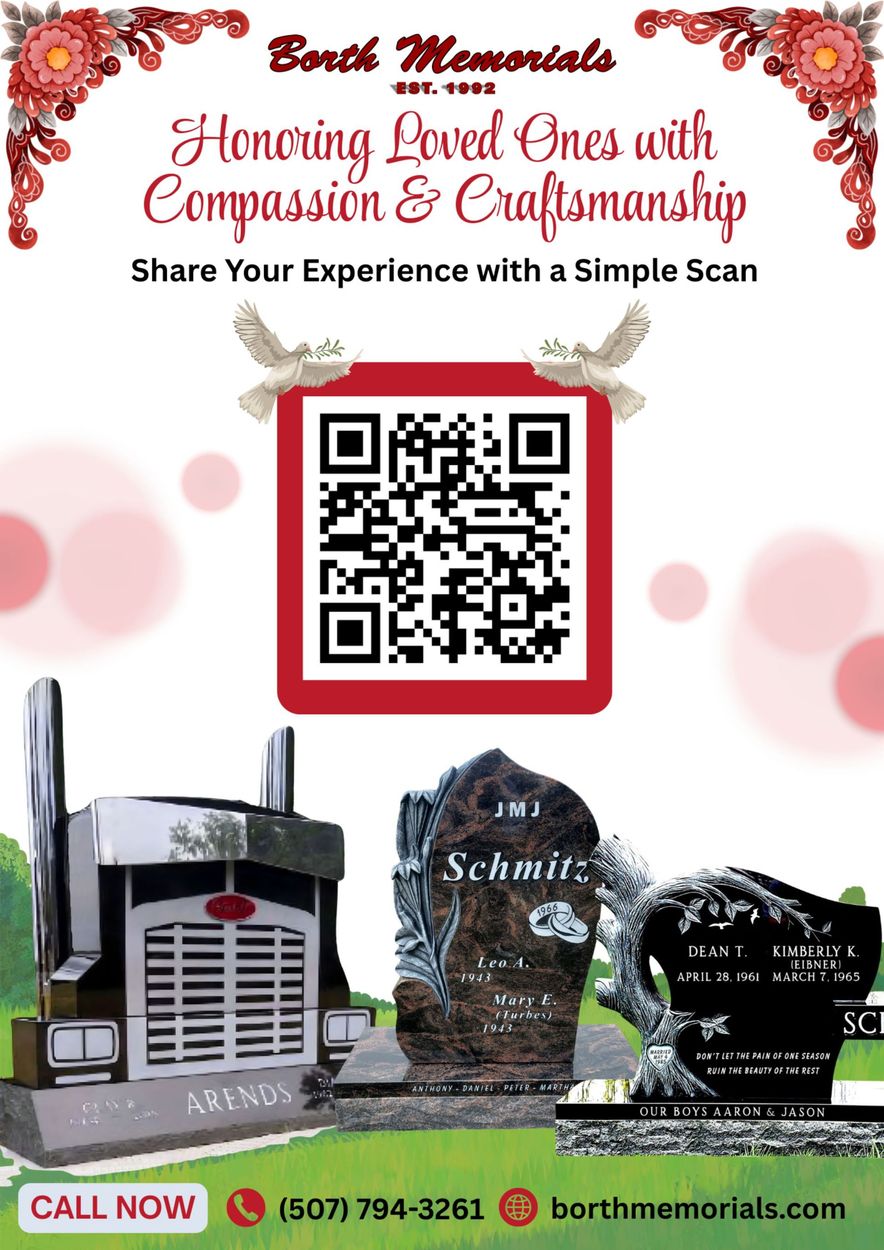 Borth Memorials promotional flyer featuring a QR code, custom monument examples, phone number, and website link.