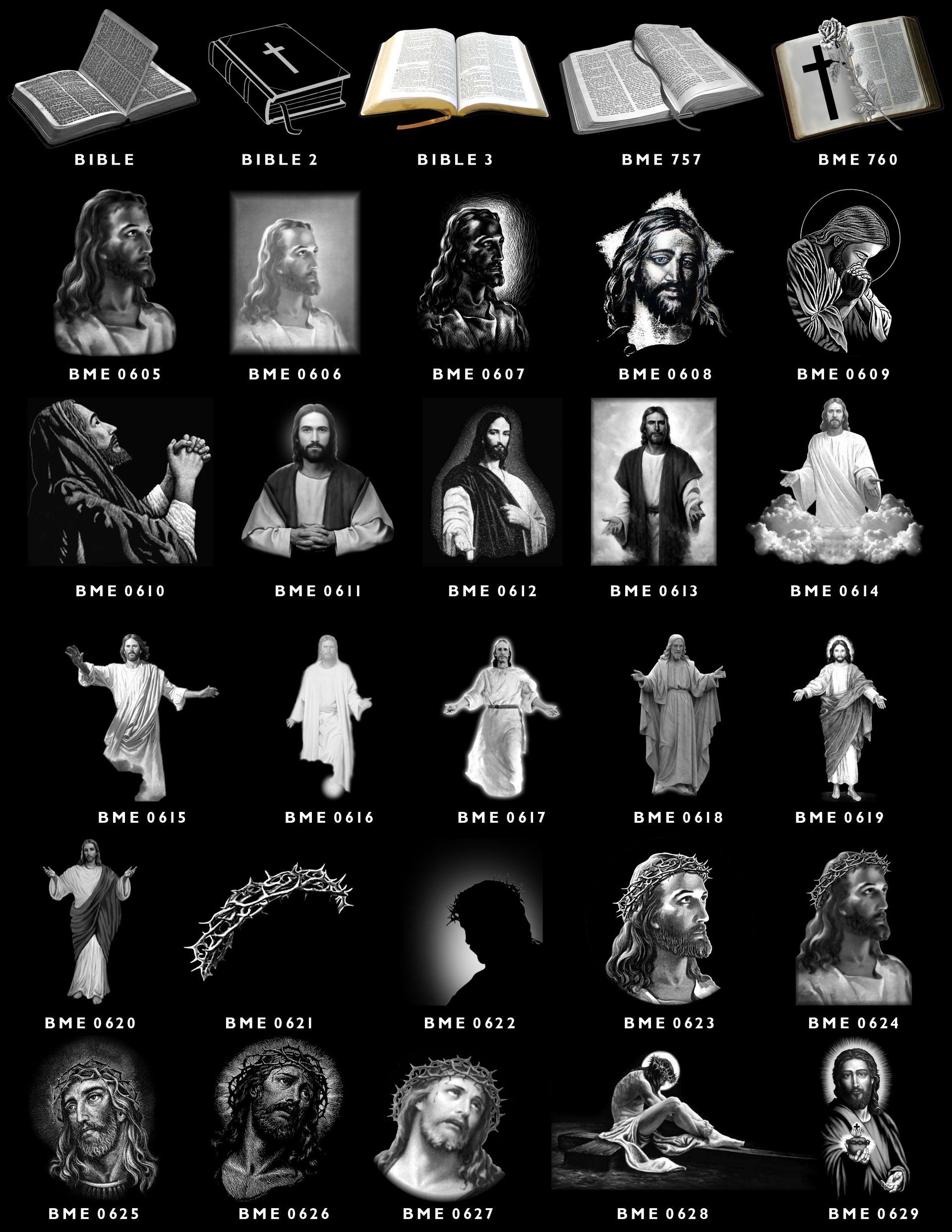 A grid of 30 monochrome icons depicting various artistic interpretations of the Bible, Jesus, and symbols of the Passion.