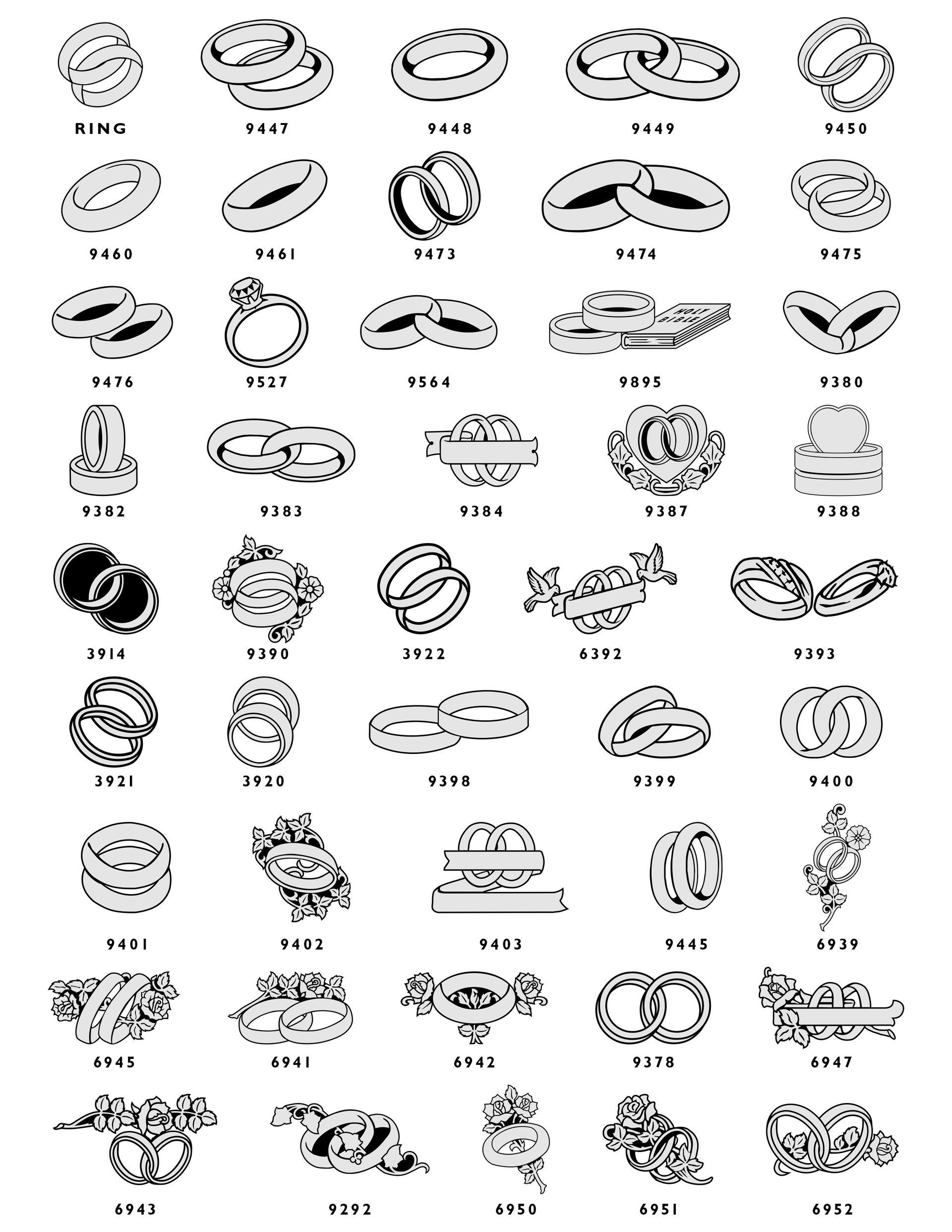 A grid of black-and-white line art illustrations featuring wedding ring designs, each labeled with a reference number.
