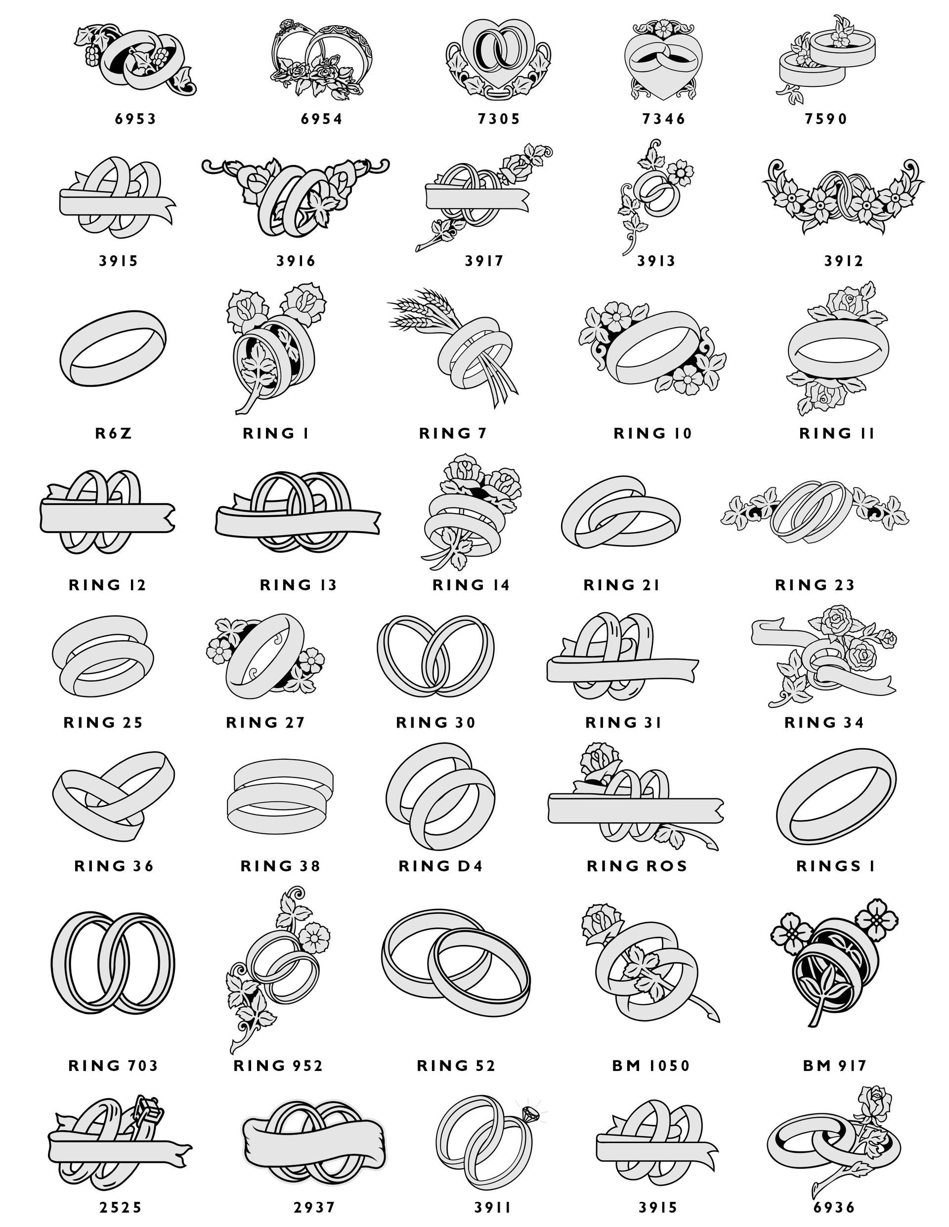 A grid of black-and-white line art illustrations showcasing various designs of interlocking wedding rings and ribbons.