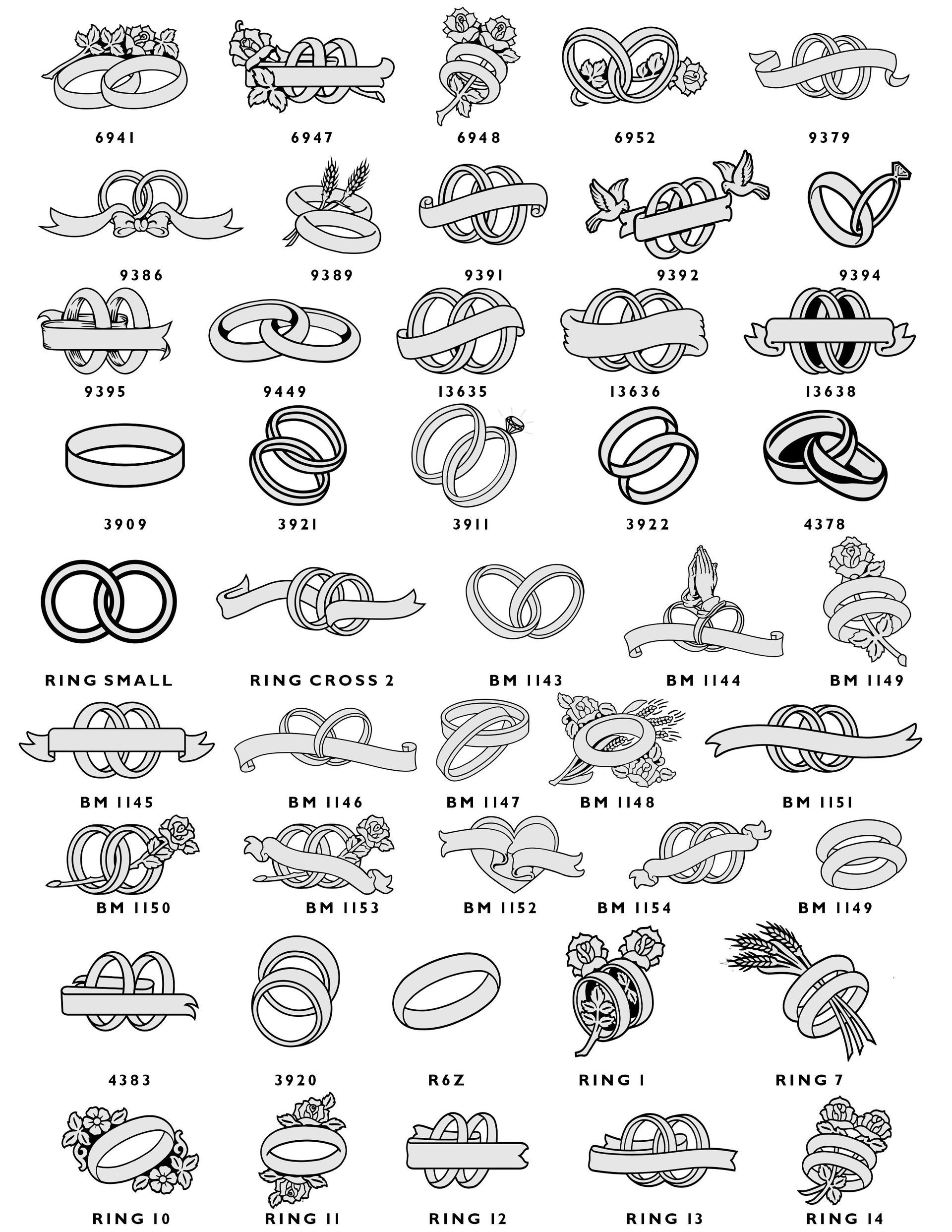A grid of various black-and-white graphic icons featuring Christian crosses combined with wedding rings and floral accents.