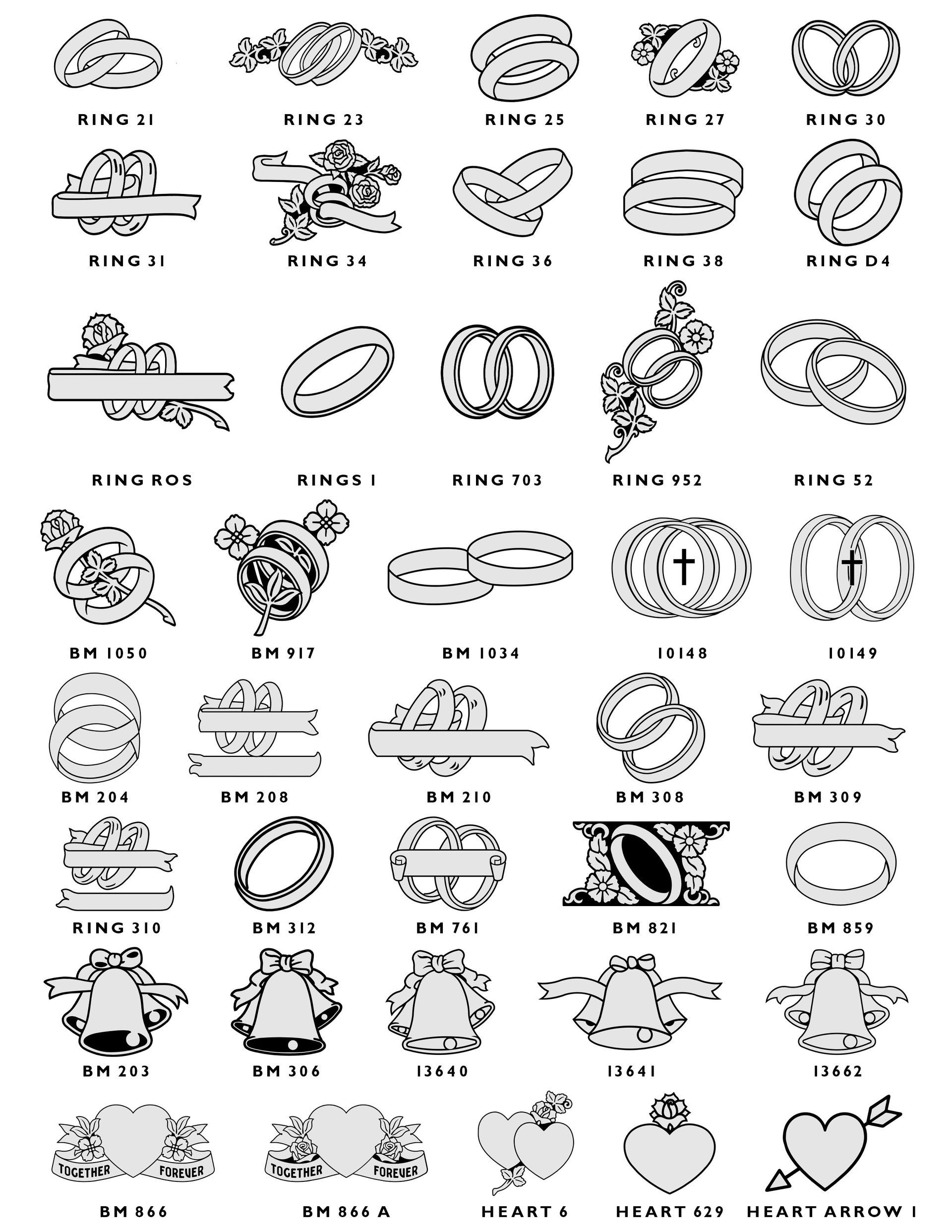 A catalog of black-and-white line art designs featuring rings, hearts, ribbons, and floral motifs for engraving.