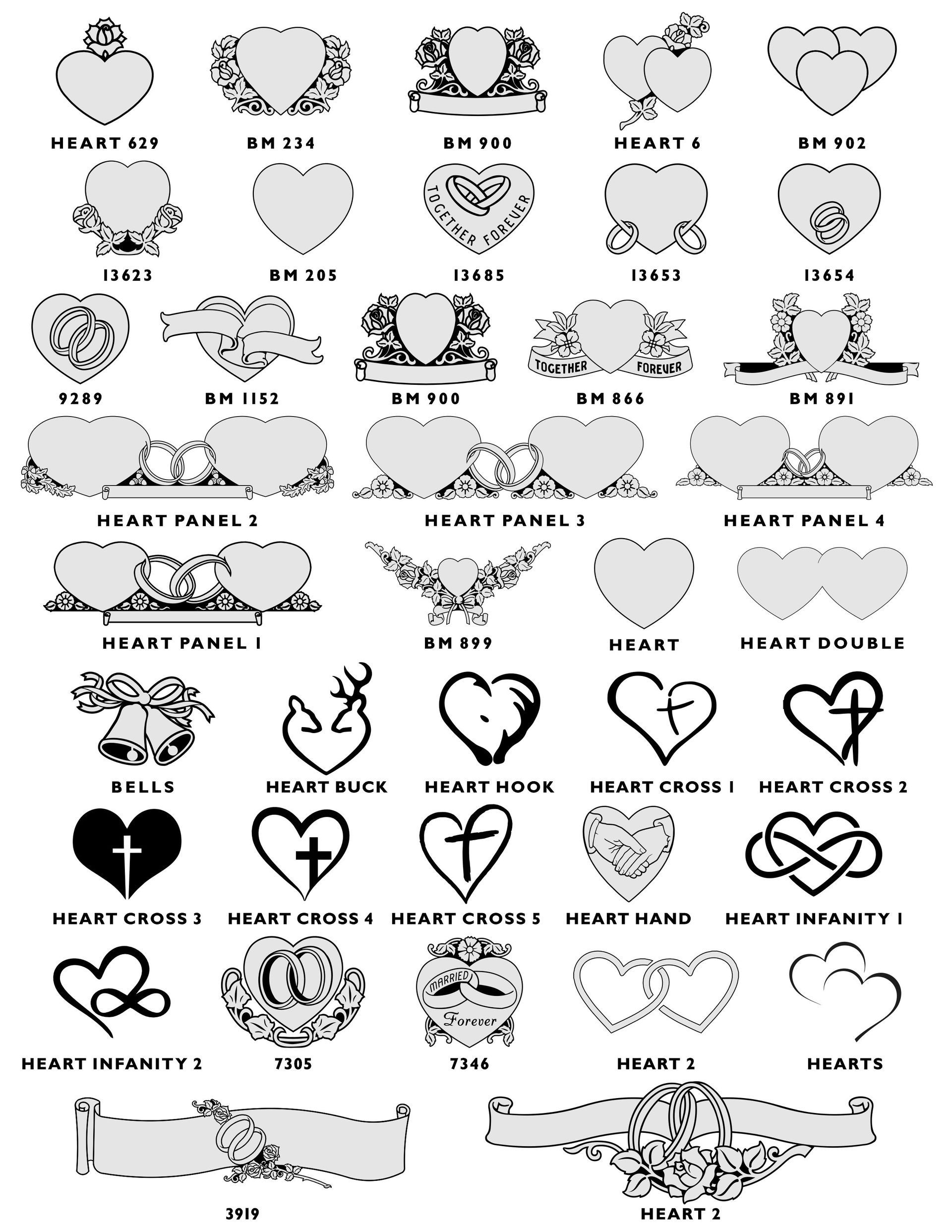 A catalog of various black and white line art designs of wedding rings, often accompanied by crosses or floral motifs.