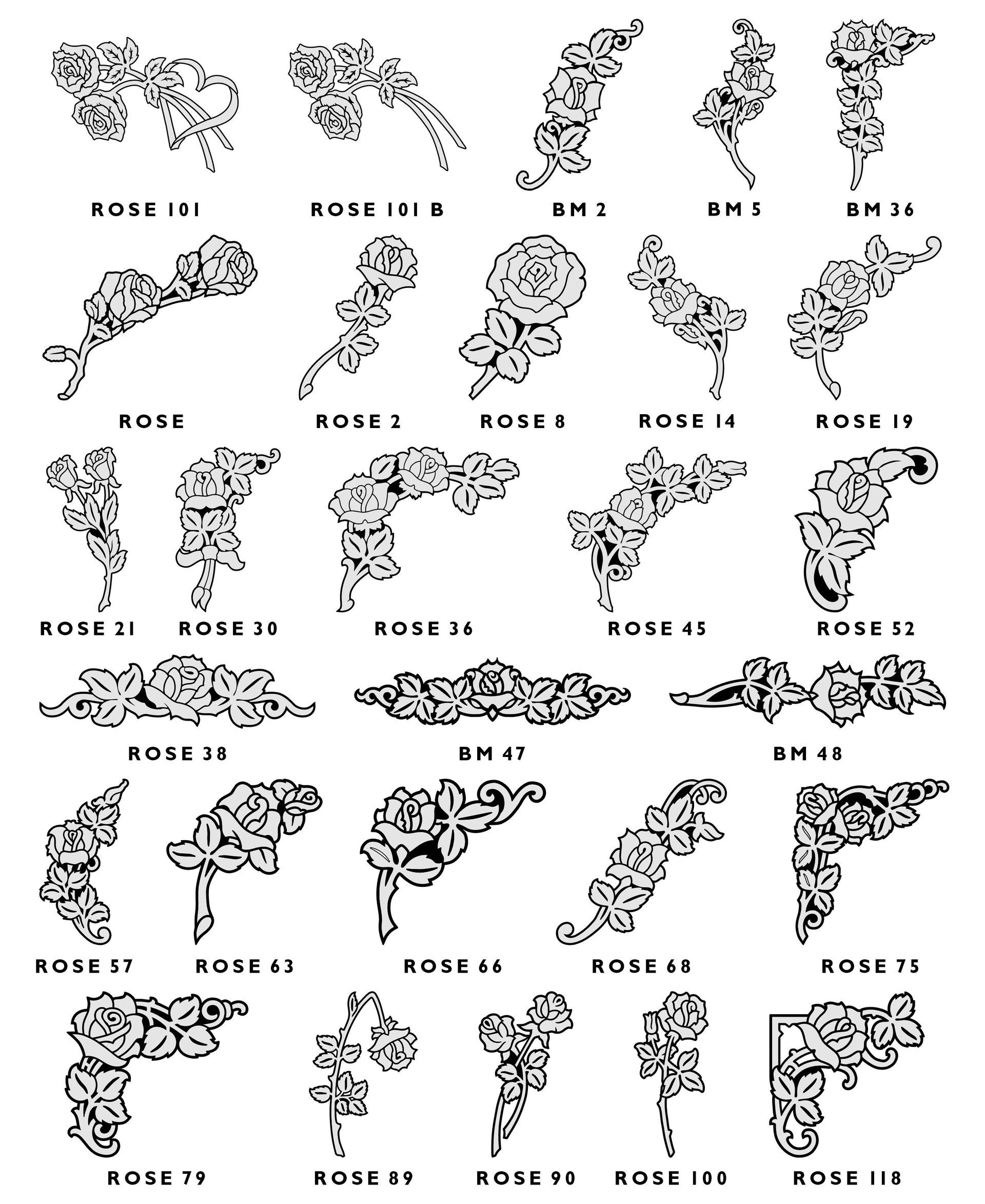 A collection of thirty black-and-white floral designs, mainly roses, organized in a grid for engraving or stenciling.
