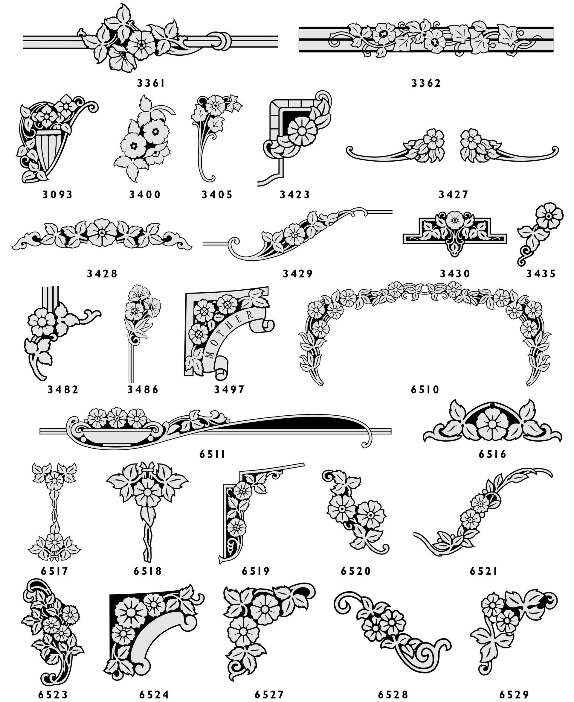A catalog of black-and-white floral border and corner design motifs, each labeled with a corresponding reference number.