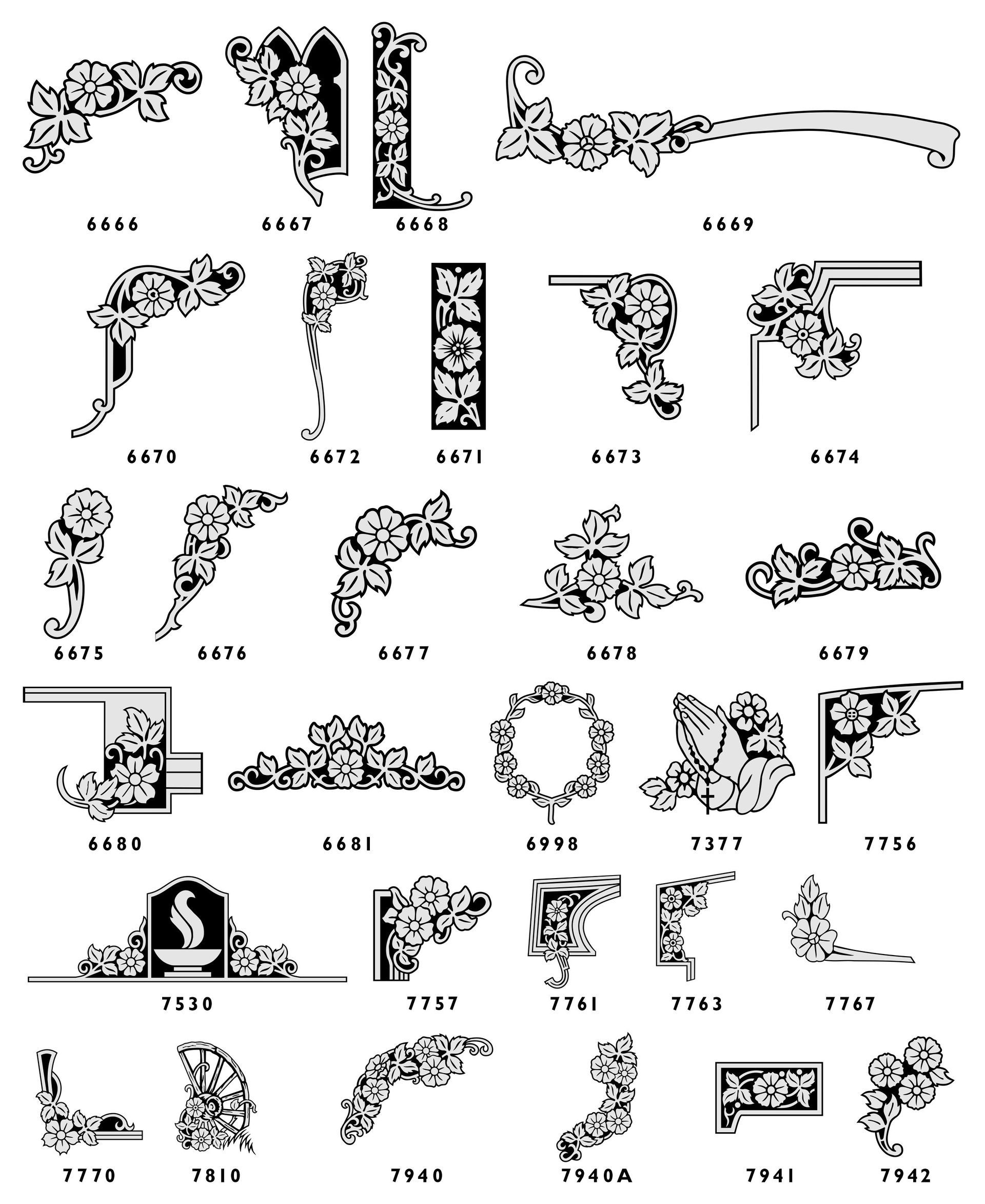A grid of black-and-white floral and ornamental corner border designs with identifying labels below each piece.
