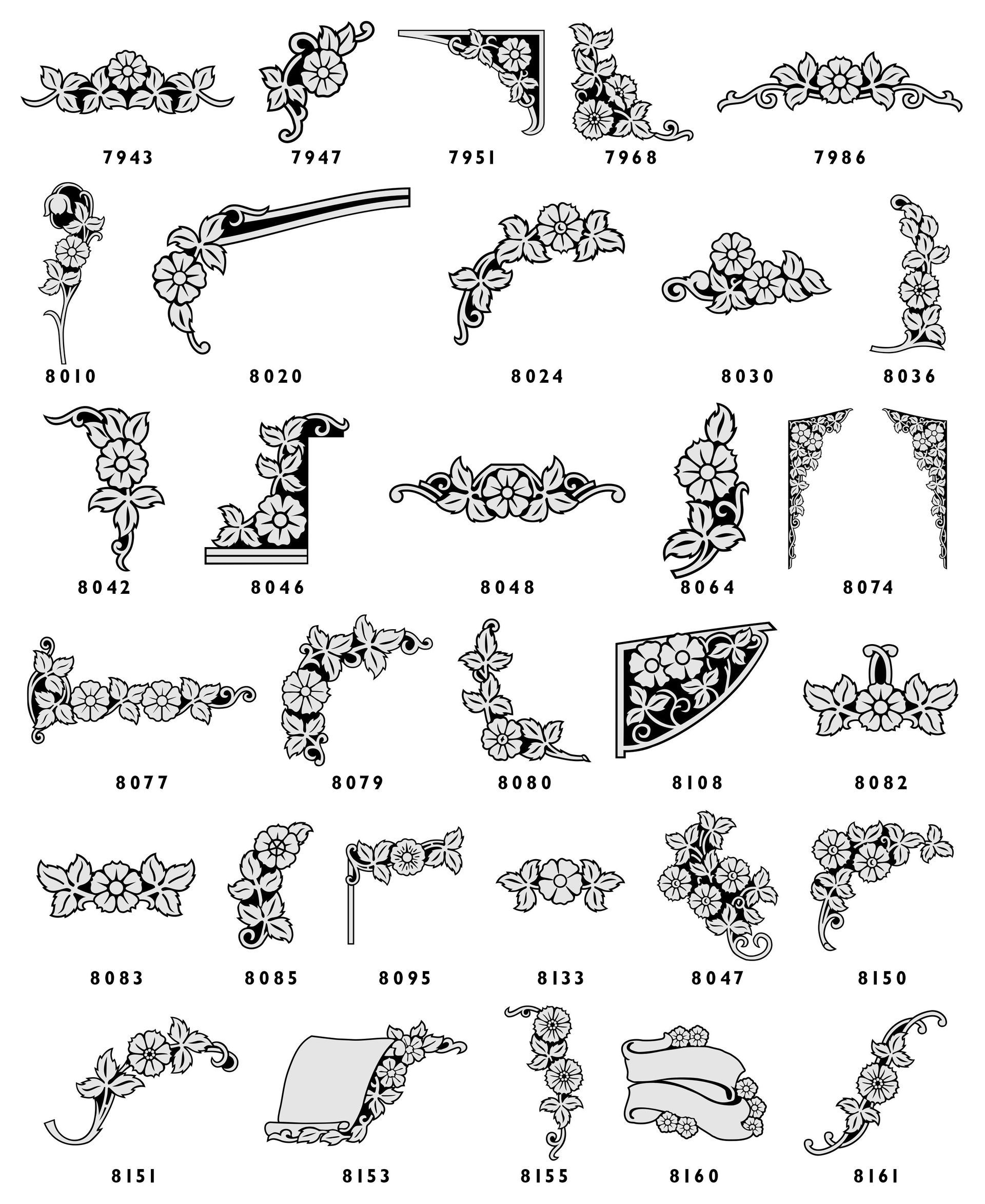 A collection of floral and decorative graphic design patterns for engraving, each labeled with a reference number.