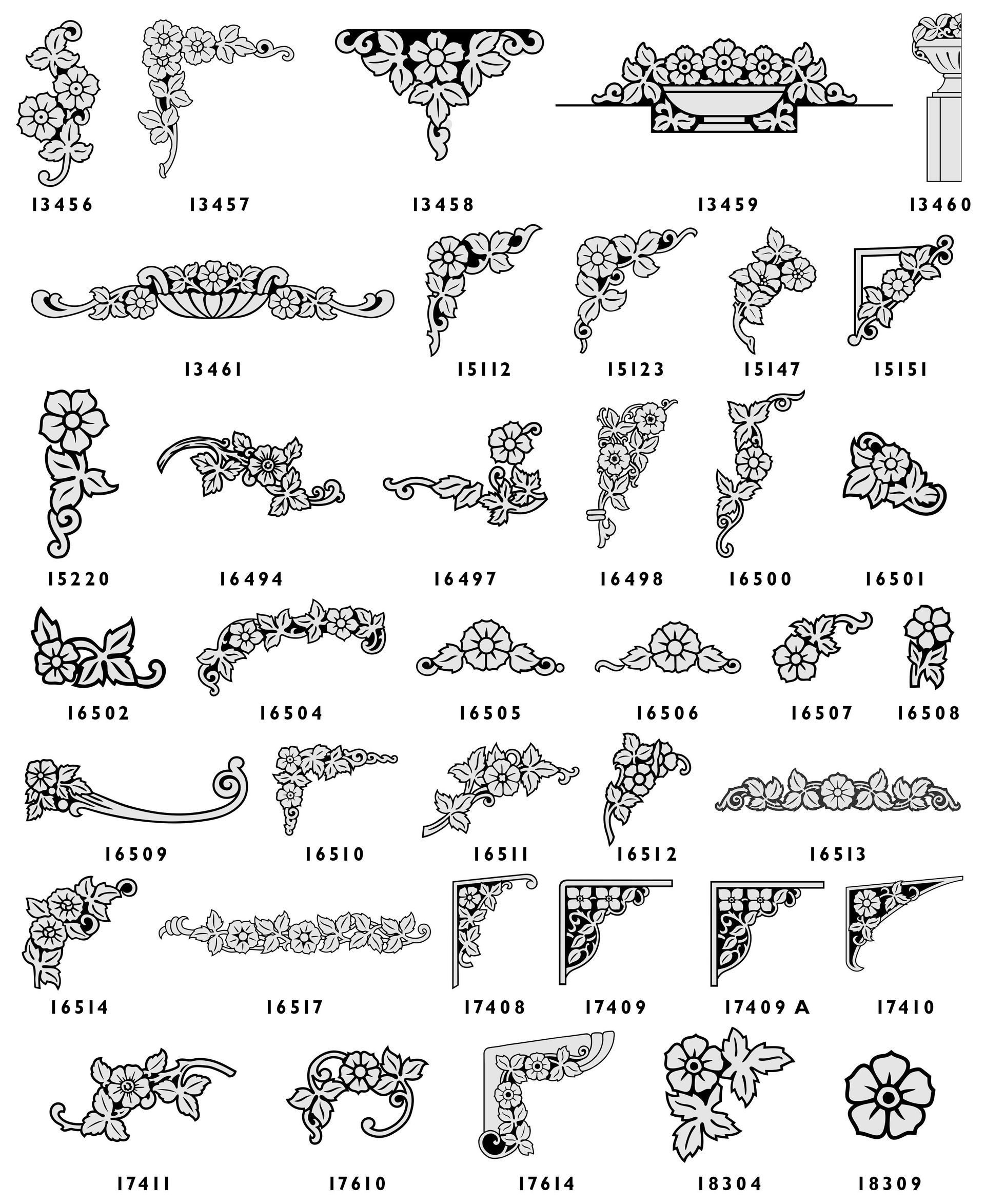 A collection of 20 black-and-white floral and ornamental corner designs for engravings, each labeled with a code.