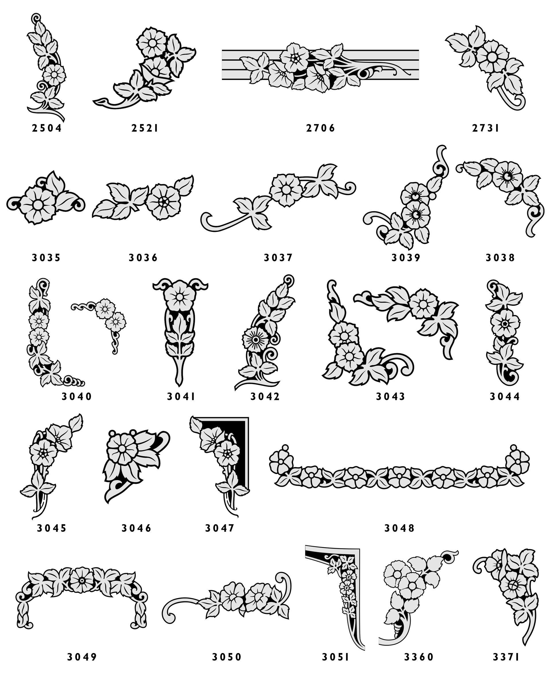 A grid of black and white floral border and corner design motifs labeled with alphanumeric codes.