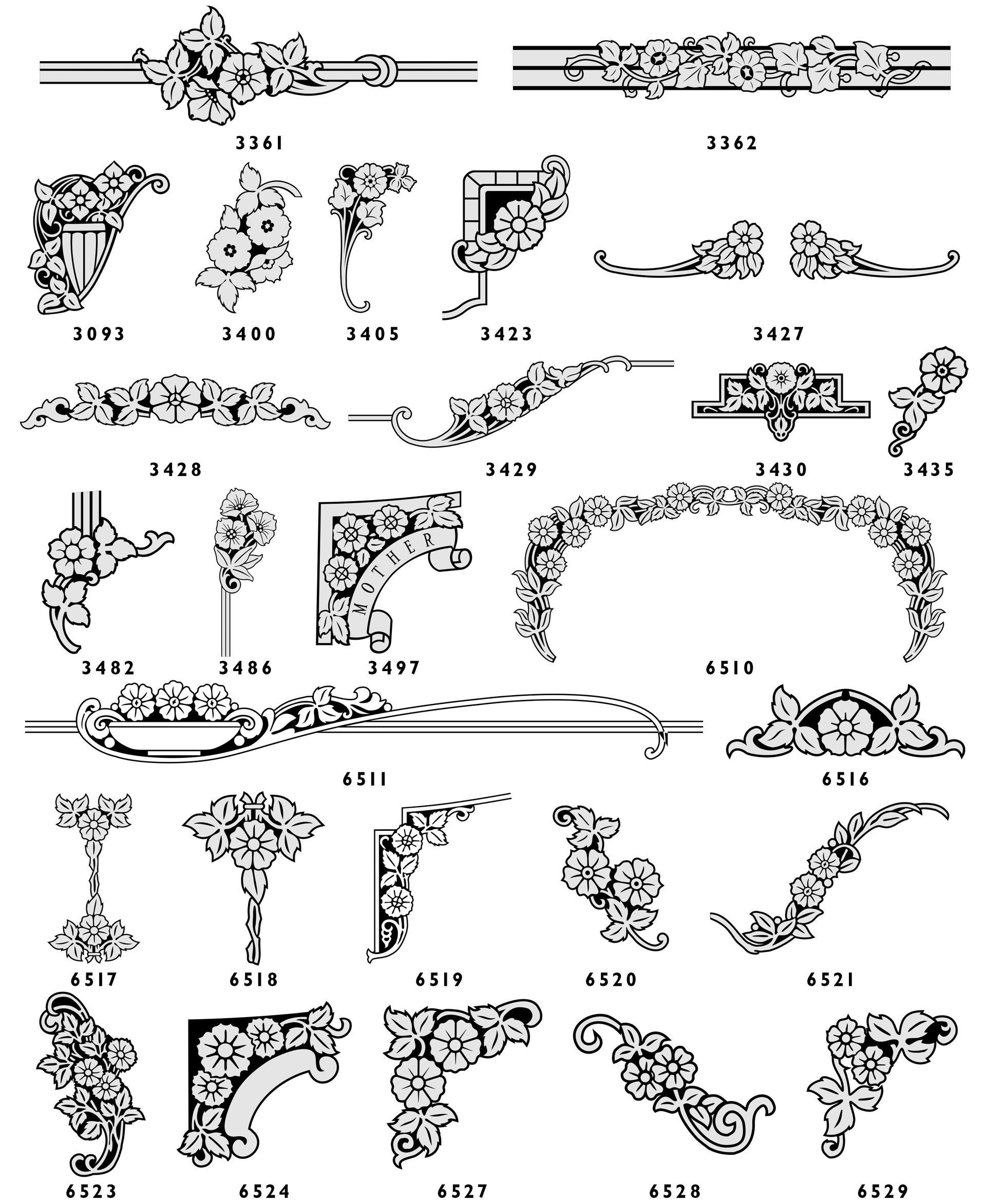 A catalog of black-and-white floral border and corner design motifs, each labeled with a corresponding reference number.