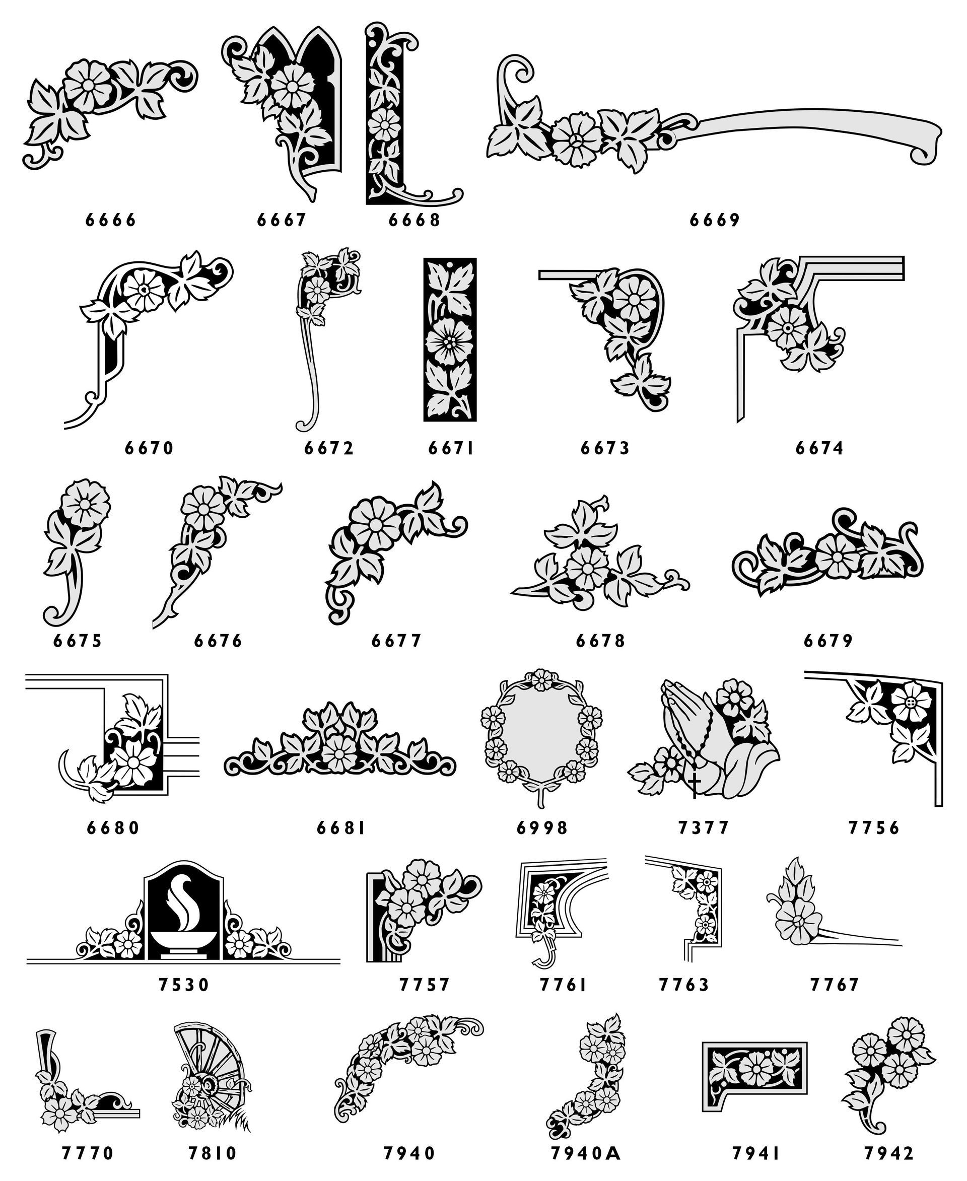 A grid of black-and-white floral and ornamental corner border designs with identifying labels below each piece.