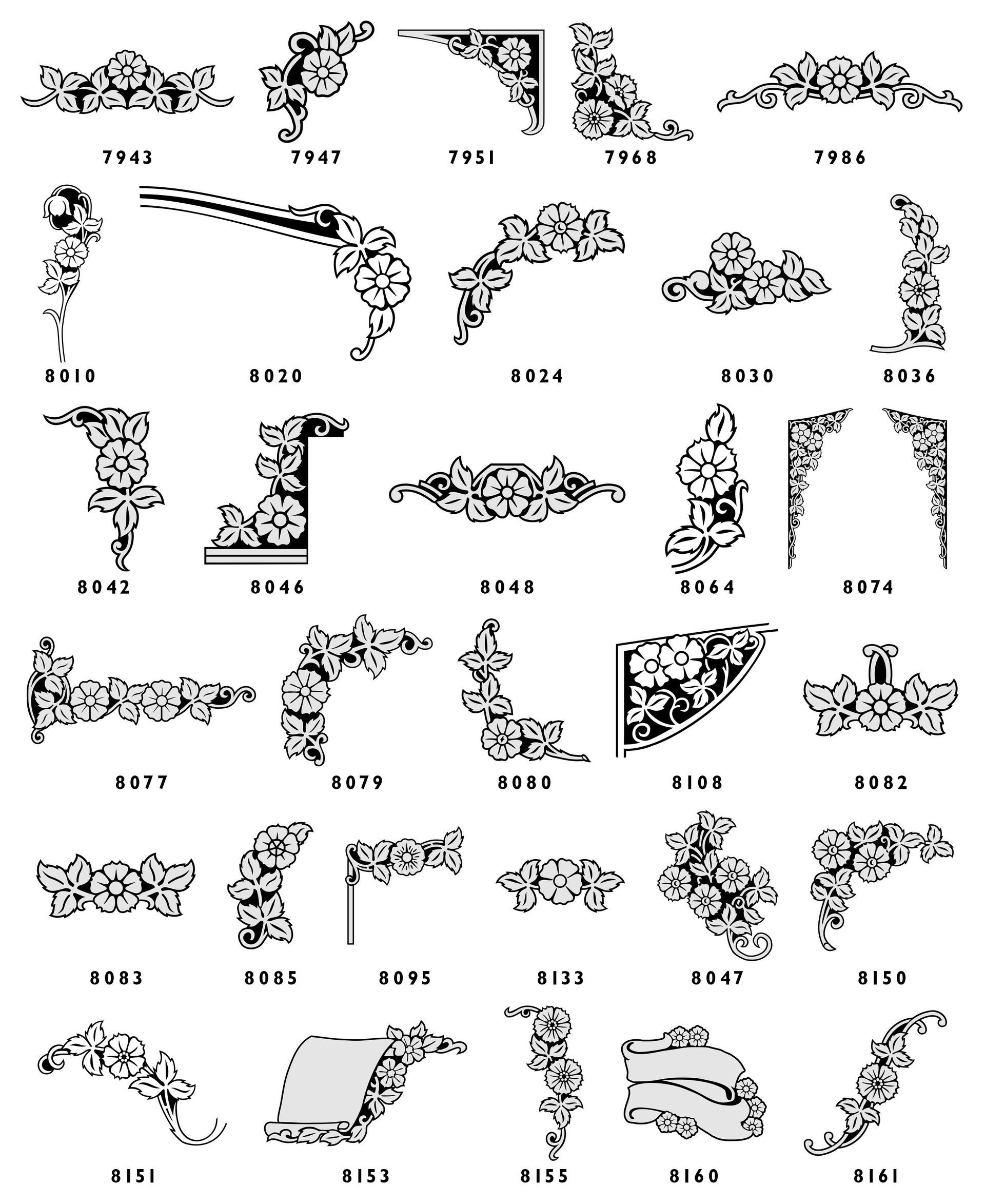 A collection of floral and decorative graphic design patterns for engraving, each labeled with a reference number.