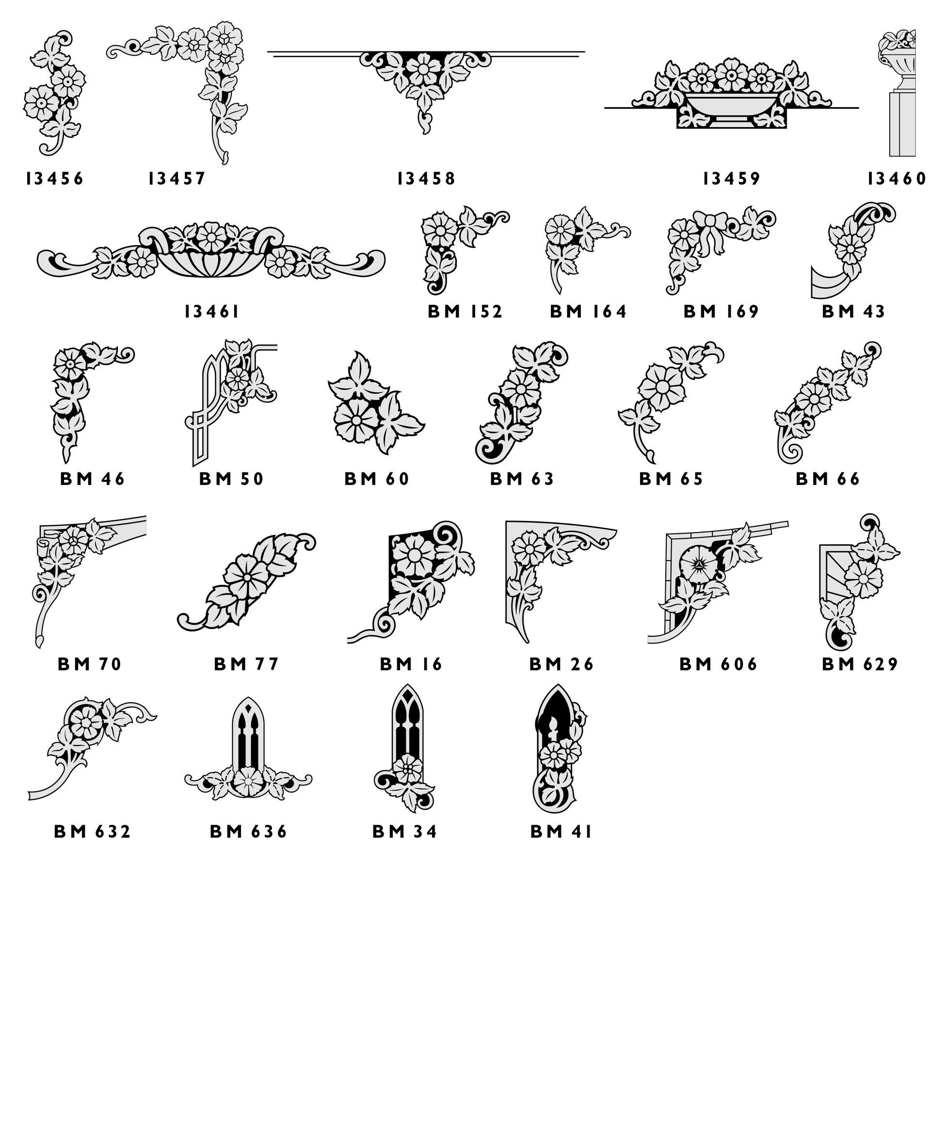 A collection of 20 black-and-white floral and ornamental corner designs for engravings, each labeled with a code.