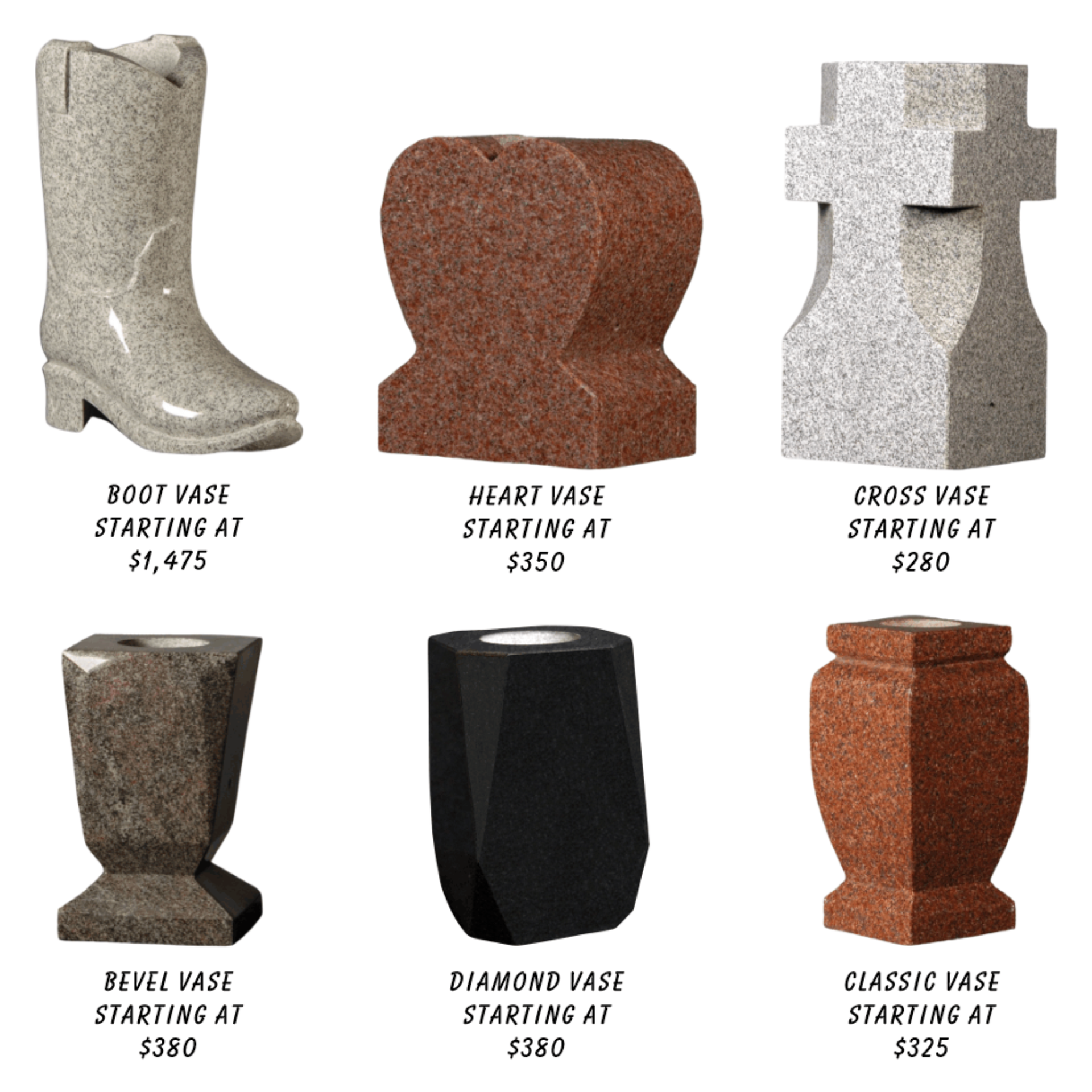 A collection of six granite cemetery vases in various shapes and colors with their starting prices listed below each.
