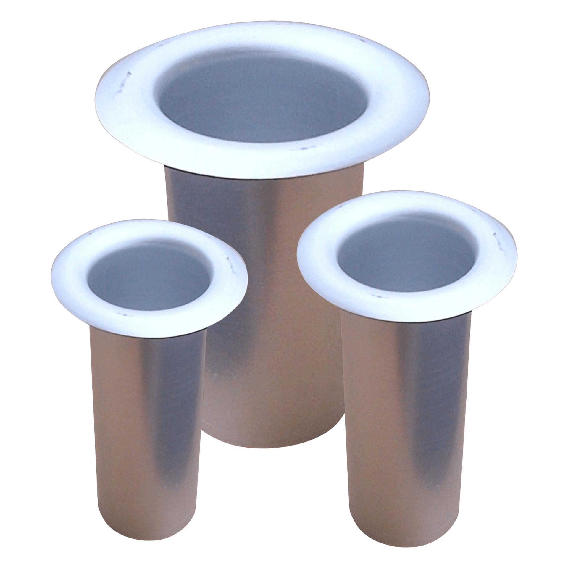 Three cylindrical metal inserts with white plastic rims, arranged with one taller center piece and two shorter side pieces.