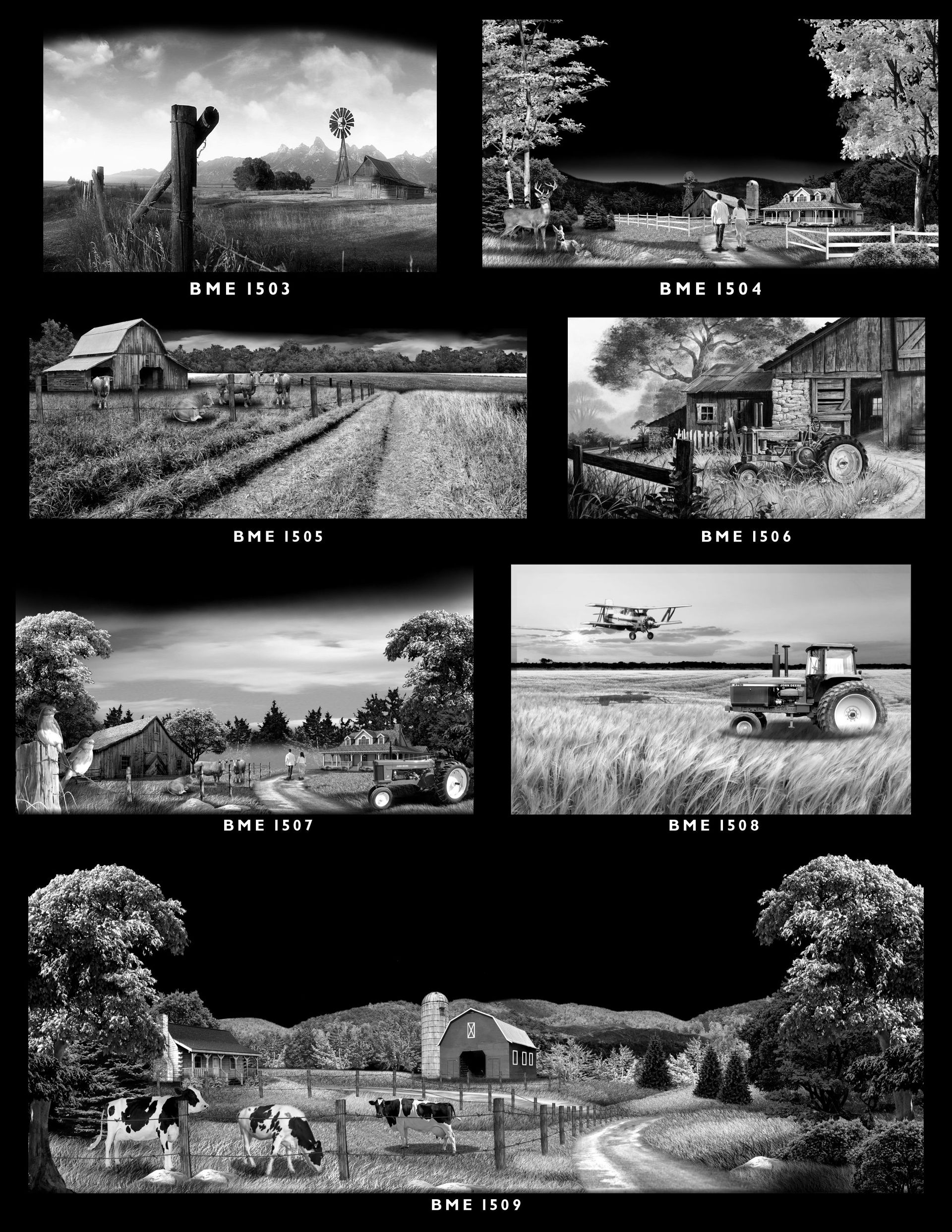 Seven black-and-white images show the historical evolution of farming, from a raw field to a developed agricultural farm.