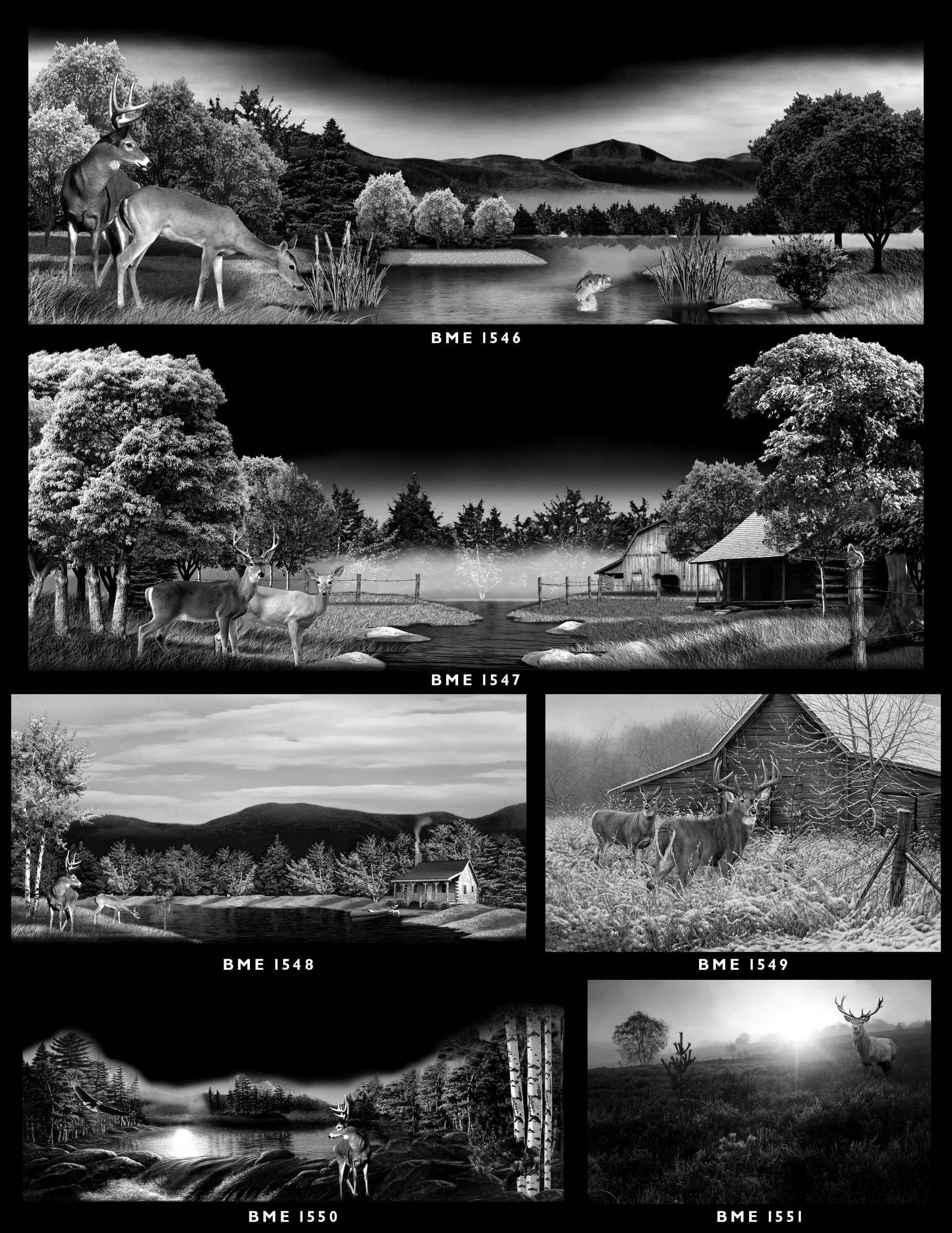 A grid of six black-and-white landscape scenes featuring deer in various natural settings, meadows, and rustic buildings.