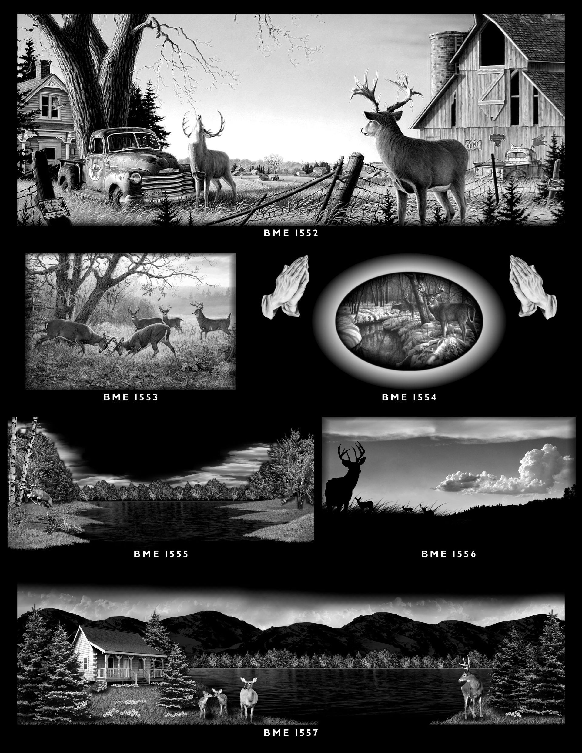 A collection of six black-and-white nature illustrations featuring deer in various rural and woodland settings.