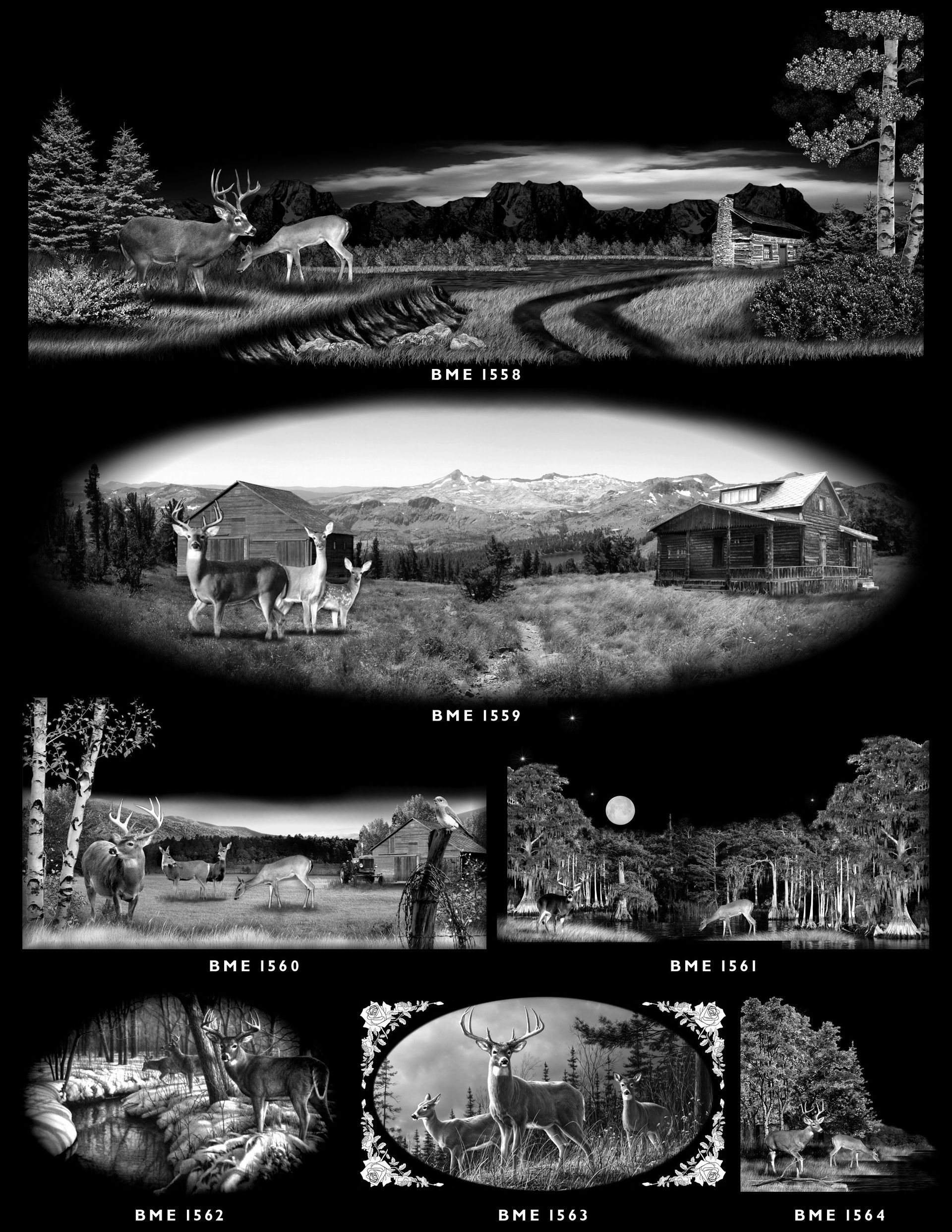 A montage of seven black-and-white nature scenes featuring deer, log cabins, and forest landscapes.