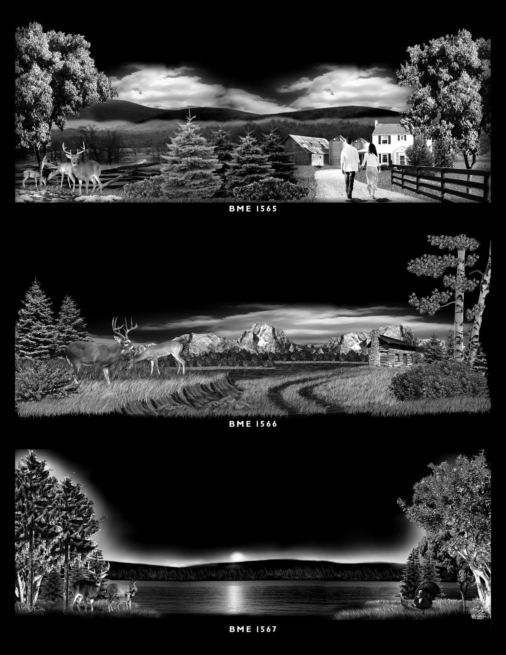 Three monochrome landscape scenes: a couple walking near a house, a deer in a field, and a sunset over a lake.