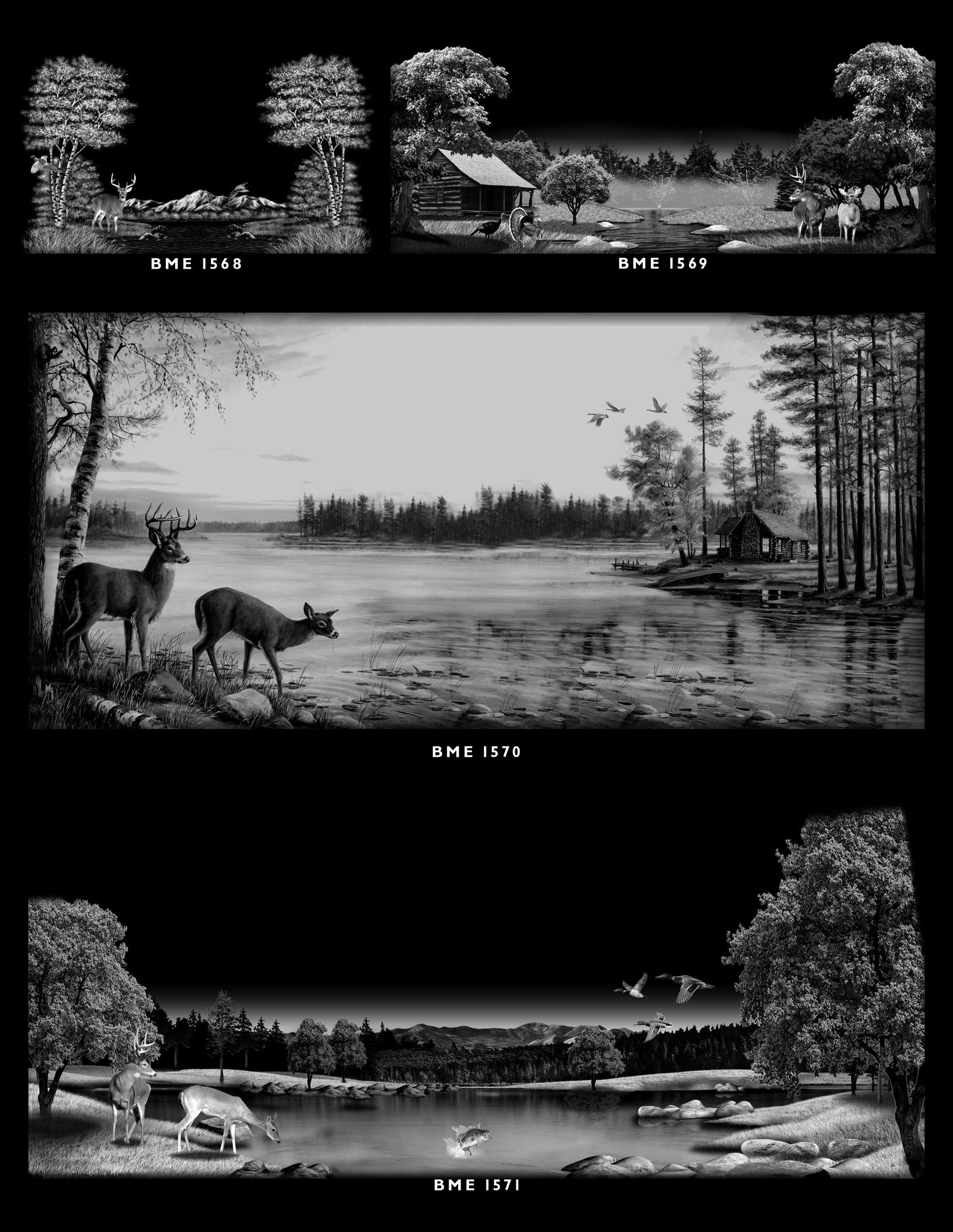 A grid of four black-and-white nature scenes featuring deer, lakes, forests, and small cabins.