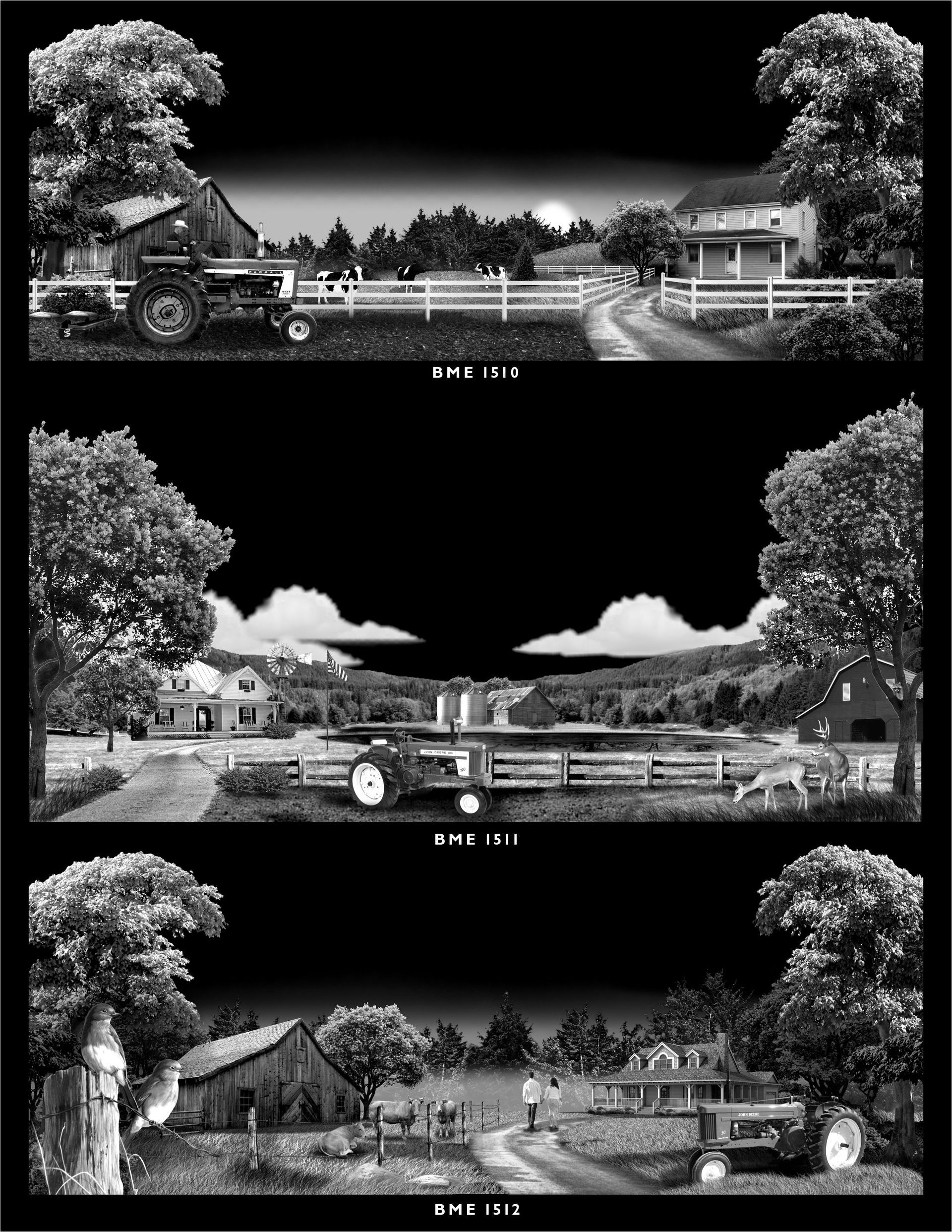 Three grayscale illustrations depicting rural farm scenes with houses, tractors, barns, trees, and fences.