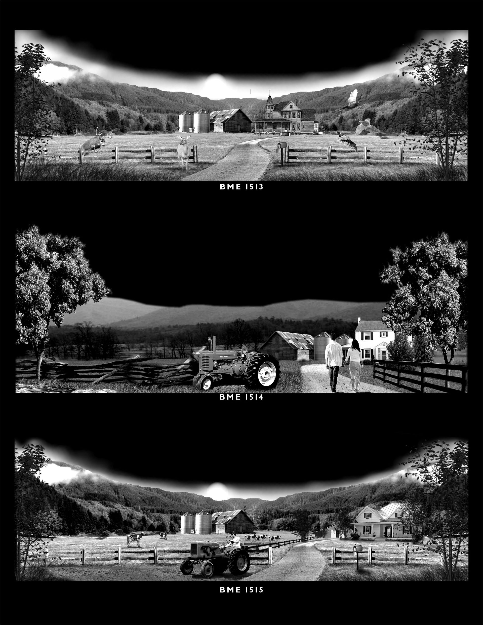 Three black-and-white images depicting a rural farm scene, titled 