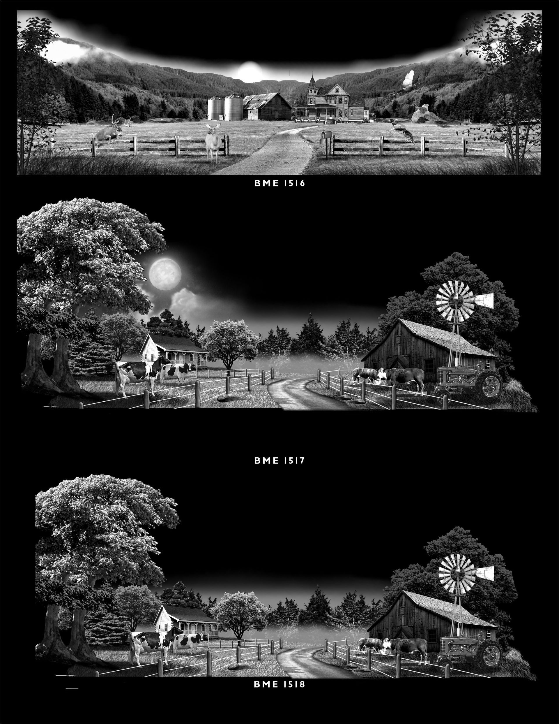 Three black and white landscape scenes showing farmhouses, trees, and fields under different lighting conditions.