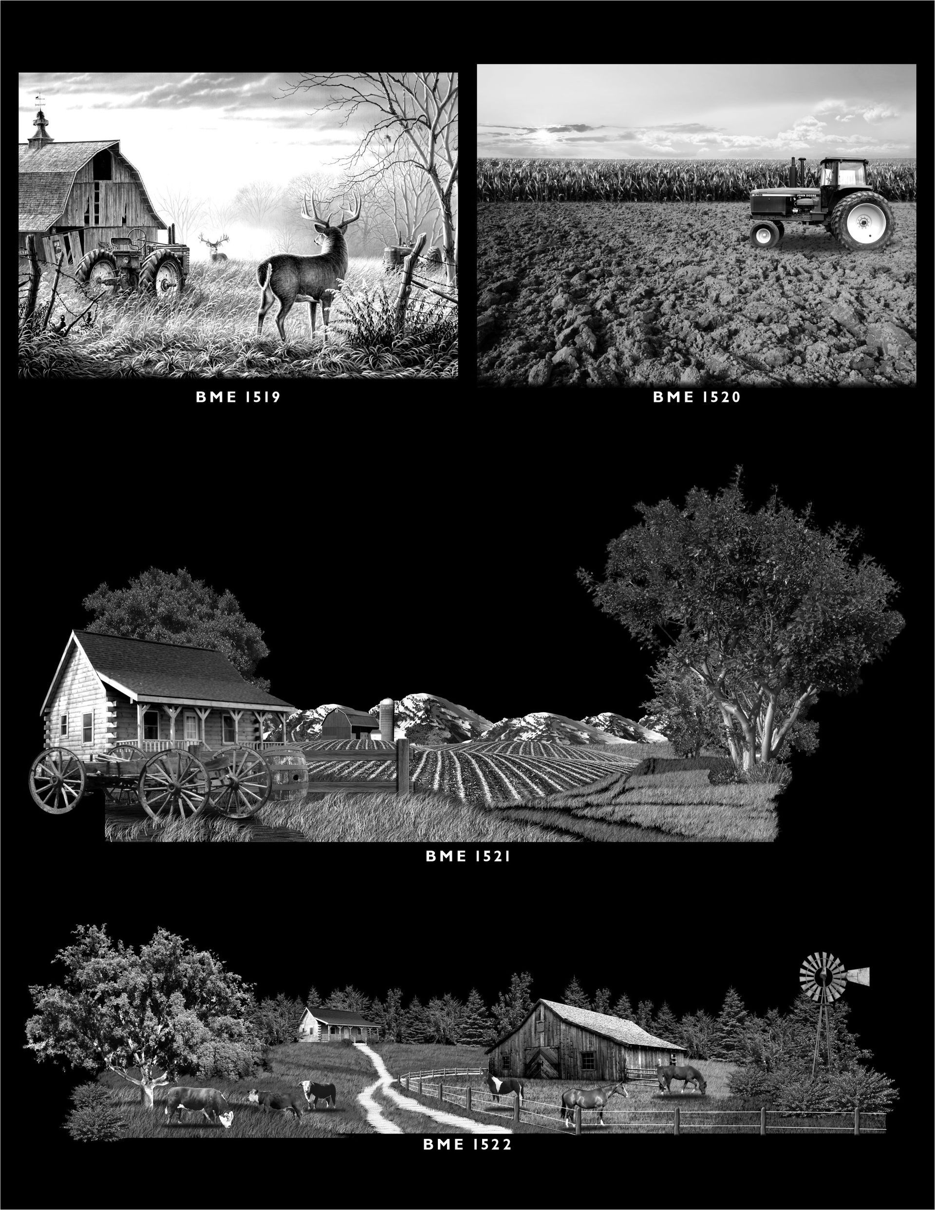 A collage of four black-and-white pastoral scenes featuring farmhouses, barns, a tractor, wildlife, and rural landscapes.
