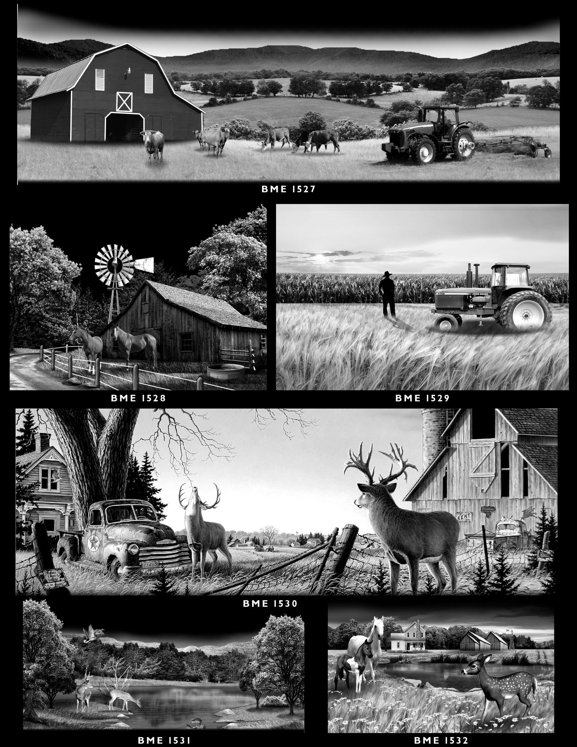 A collage of six black-and-white rural farm scenes featuring barns, tractors, wildlife, and natural landscapes.